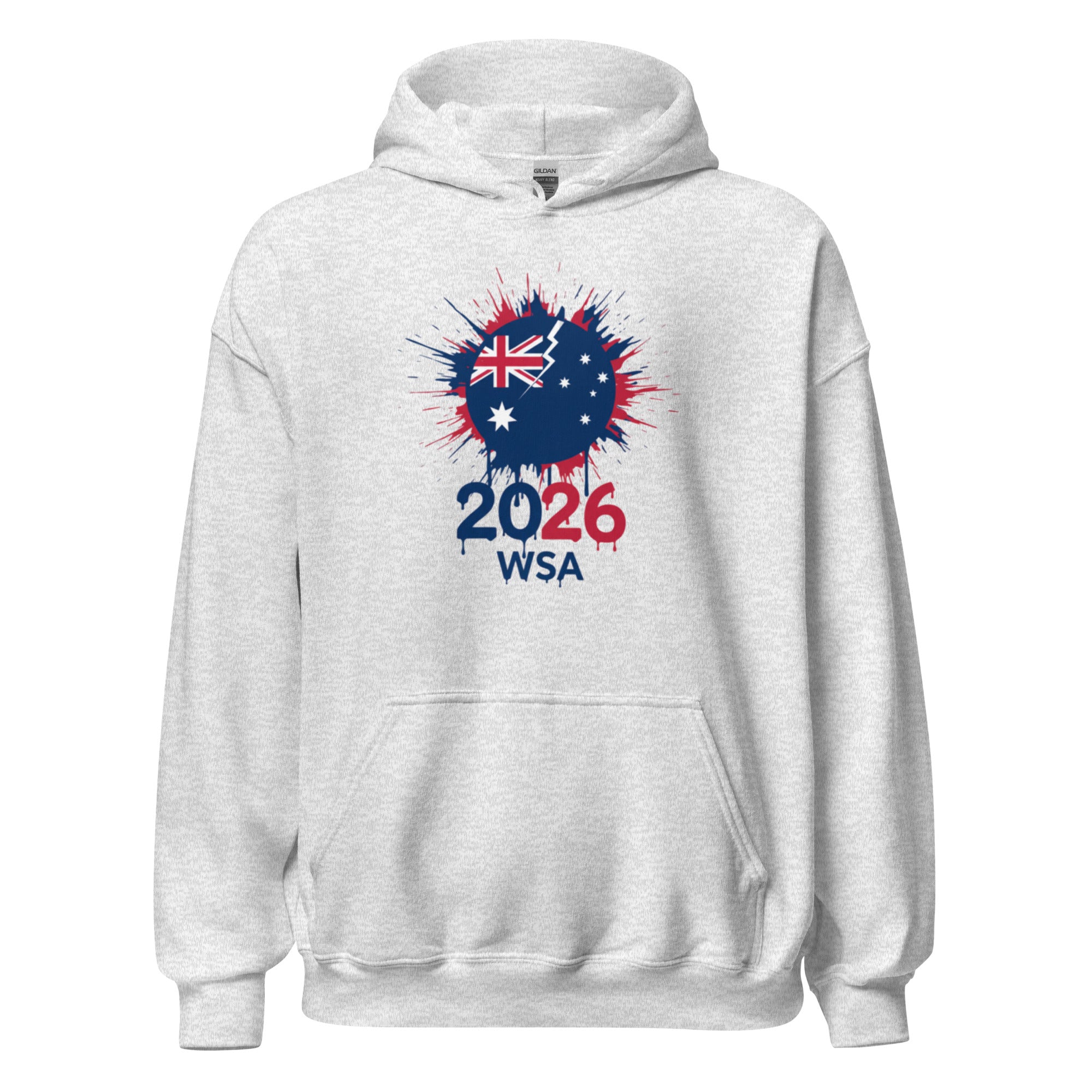 White hoodie with 2026 WSA design featuring an Australian flag on a white background