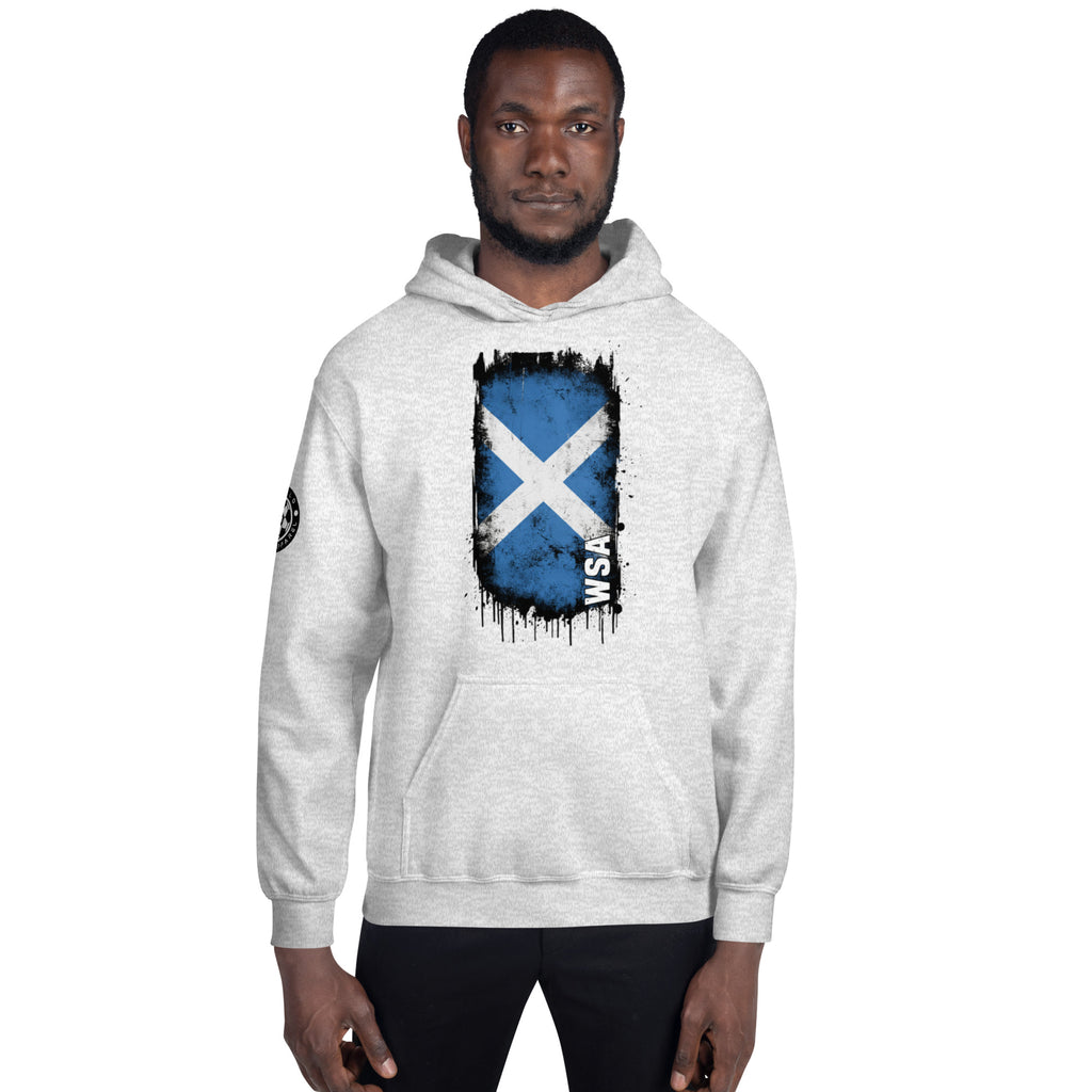 Person wearing a white hoodie with a Scottish flag design on a white background