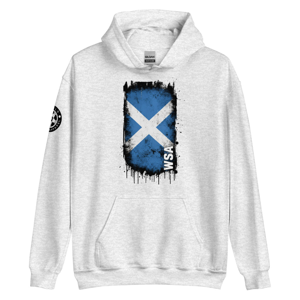 White hoodie with a blue and white flag design on a white background