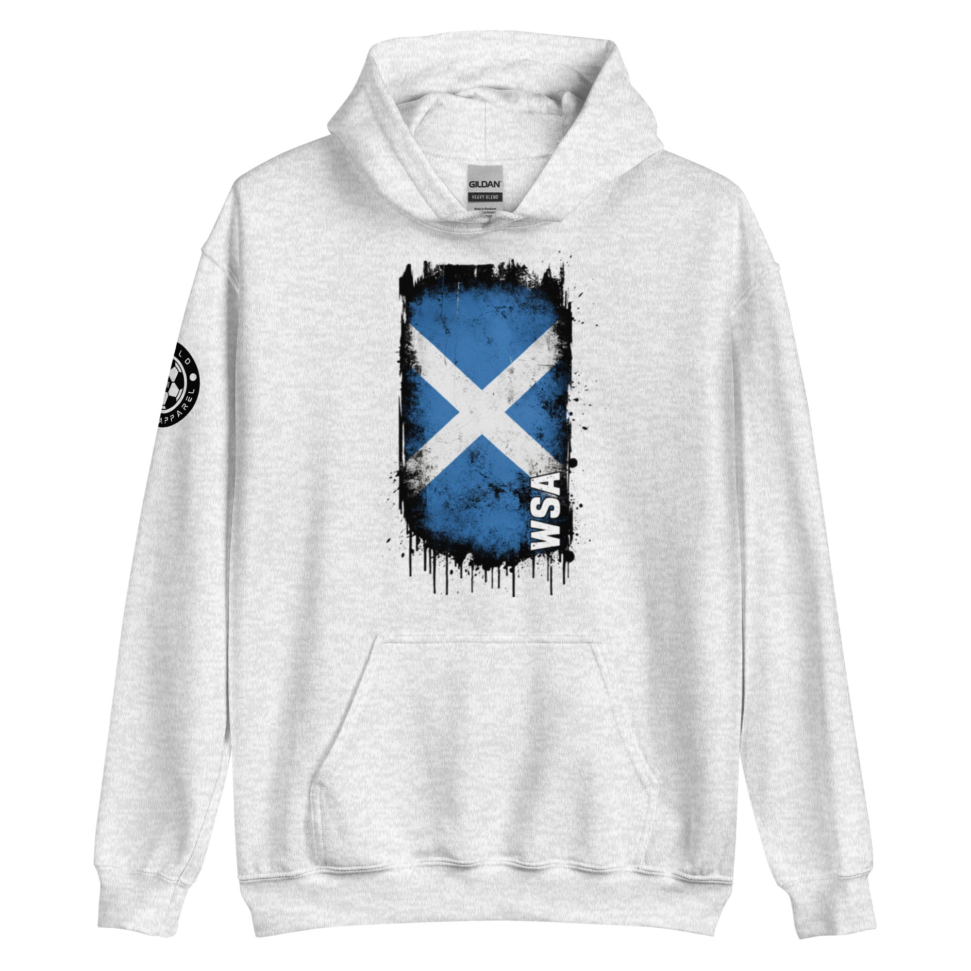 White hoodie with a blue and white flag design on a white background