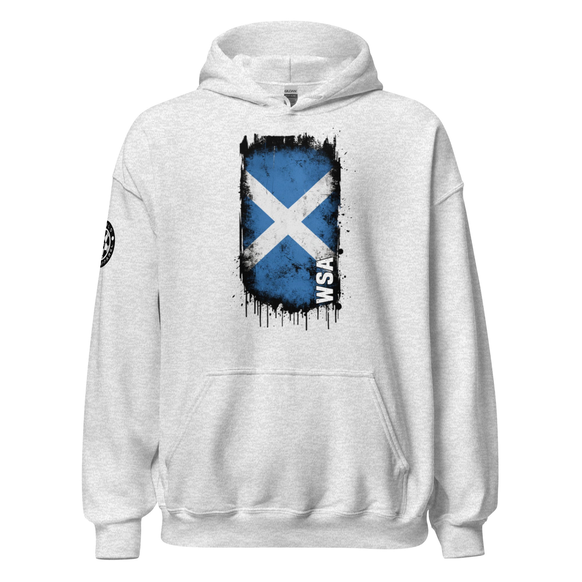 White hoodie with a blue and white flag design on a white background