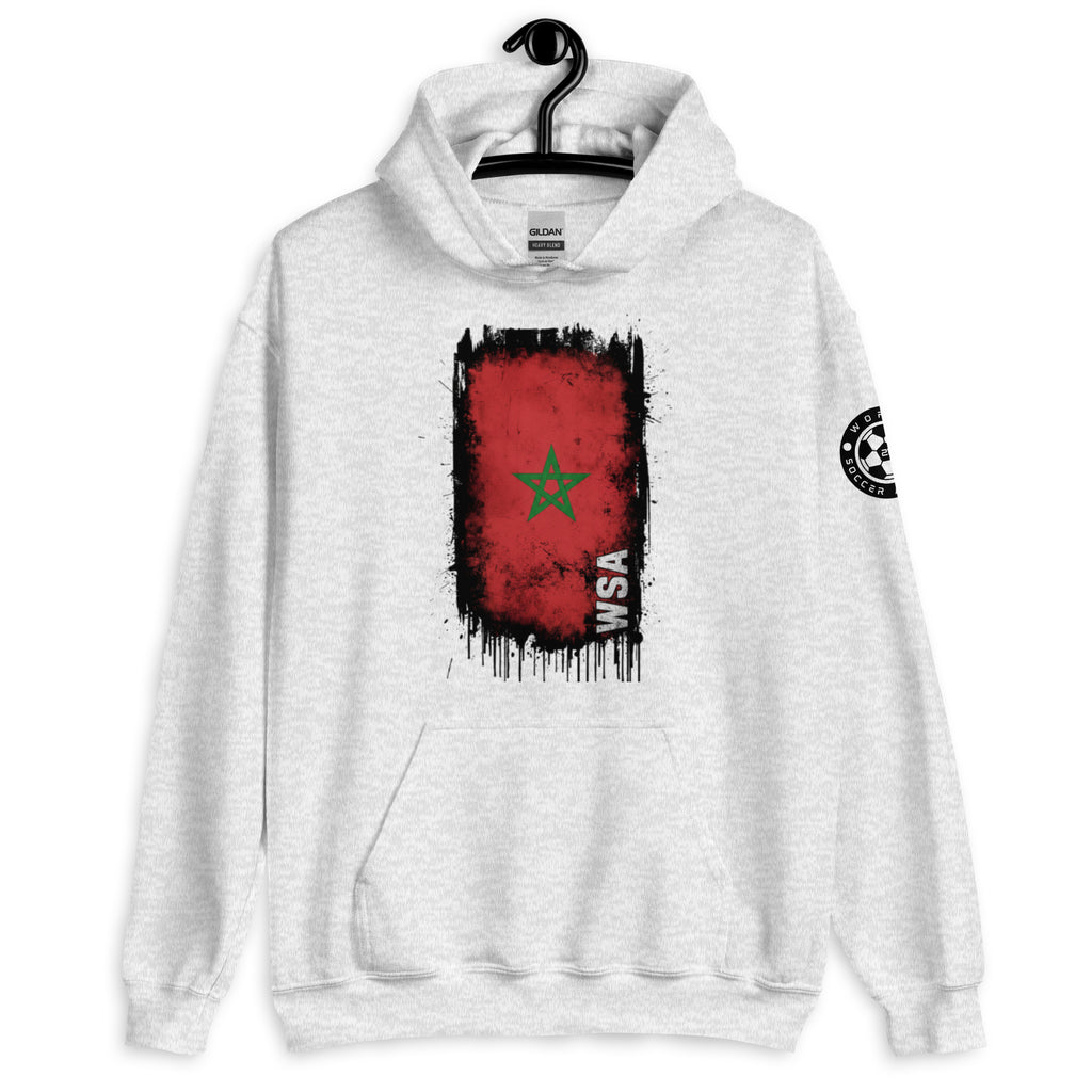 White hoodie with a red and black graphic on a white background