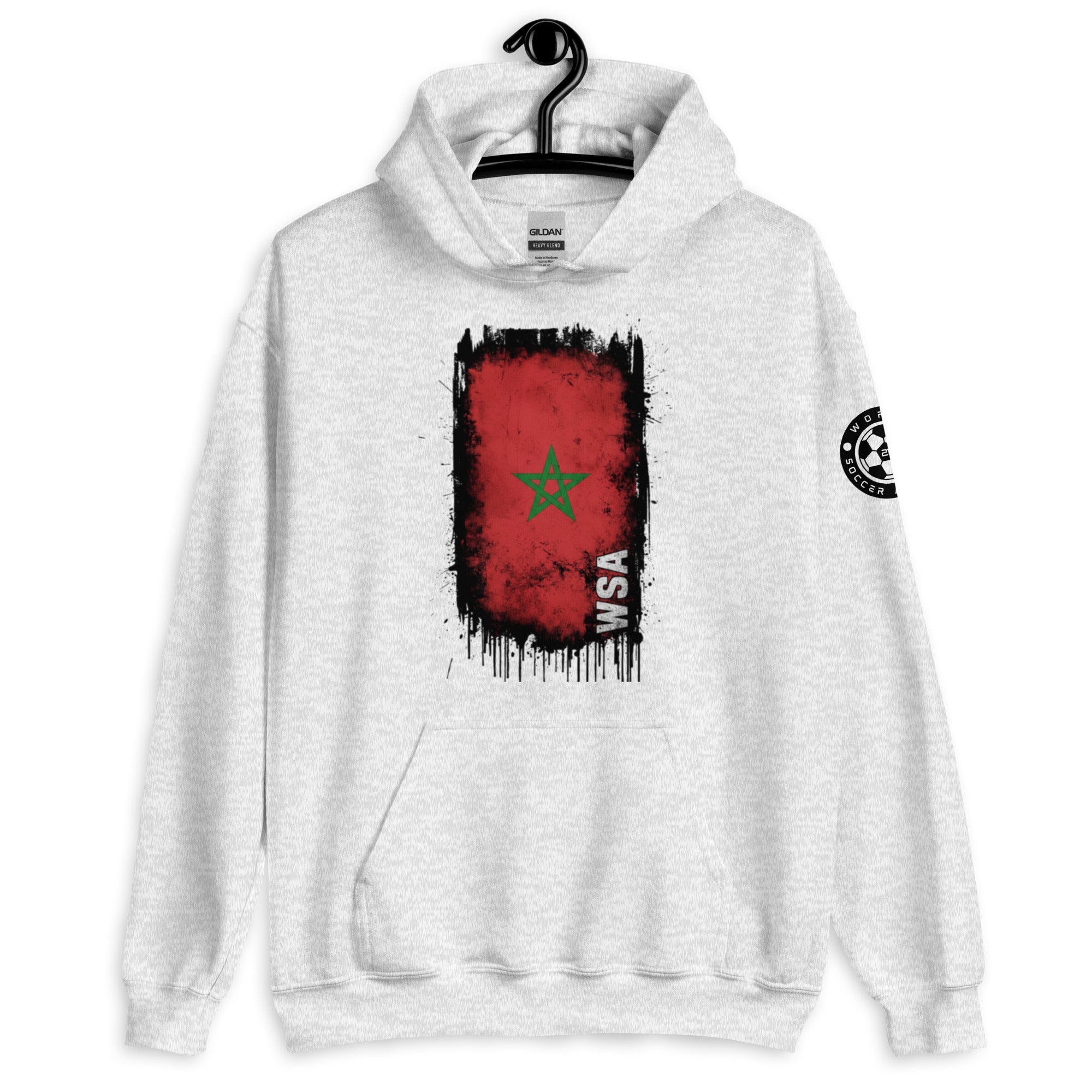 White hoodie with a red and black graphic on a white background