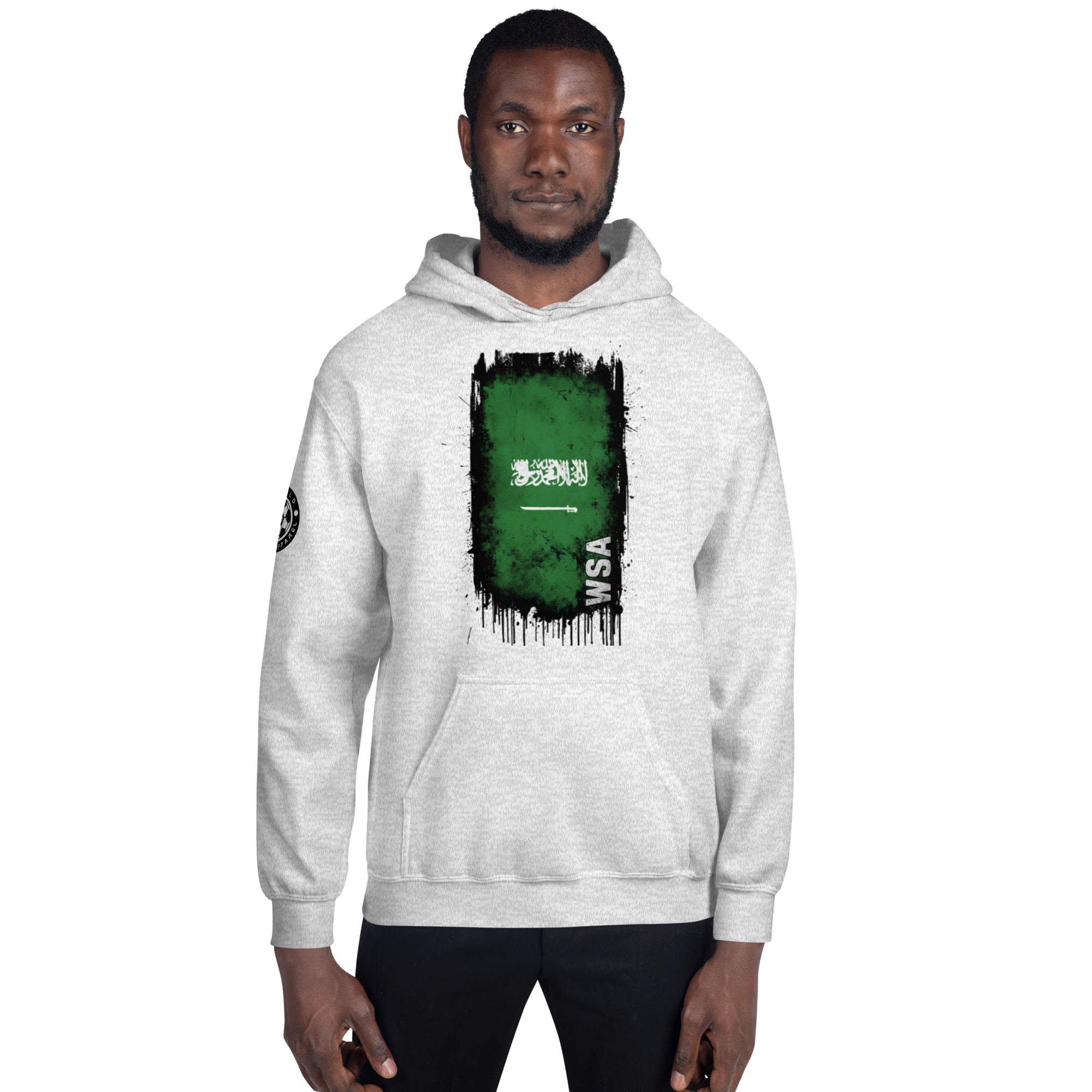 Man wearing a gray hoodie with a green and black graphic design on a white background