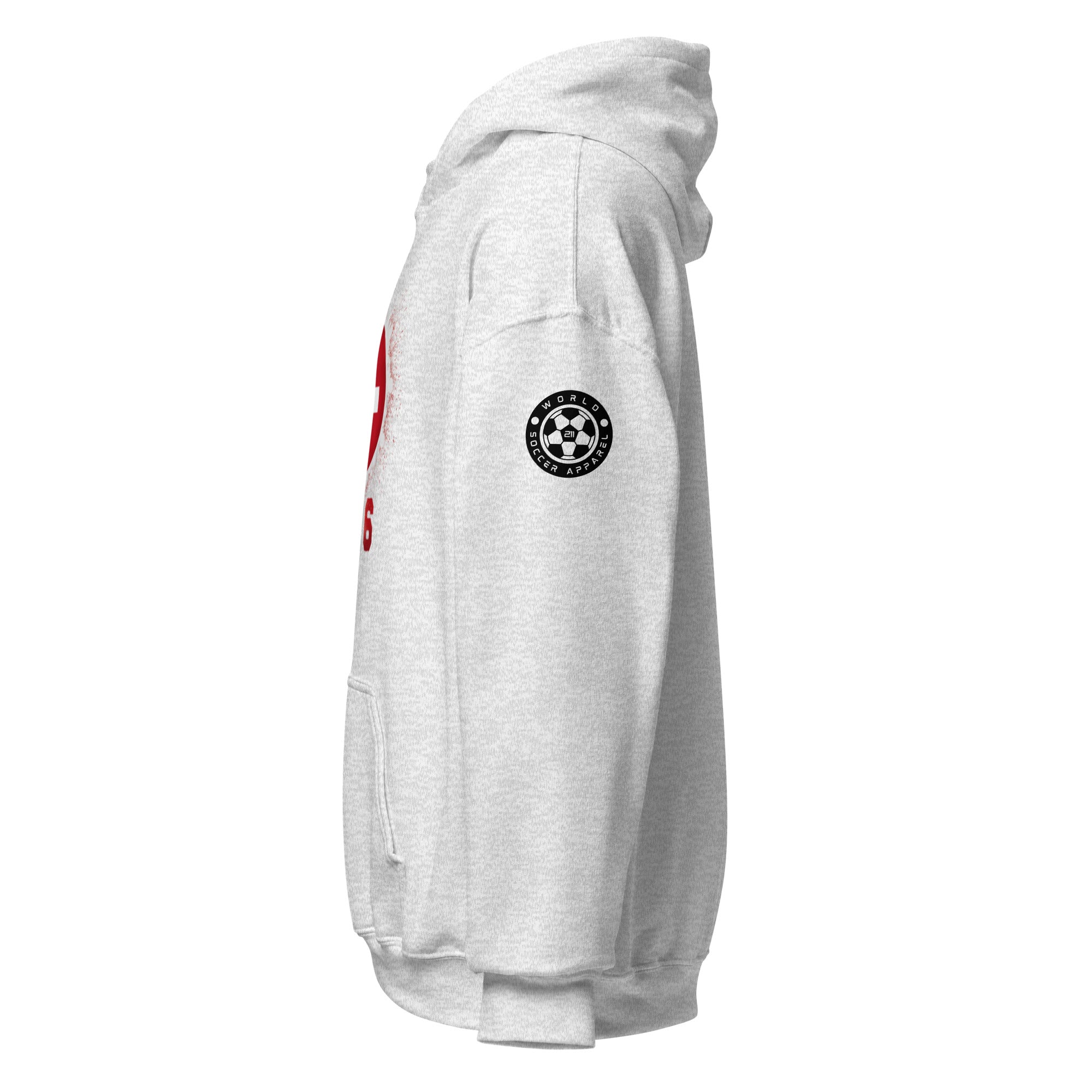 White hoodie with a logo on the sleeve against a white background