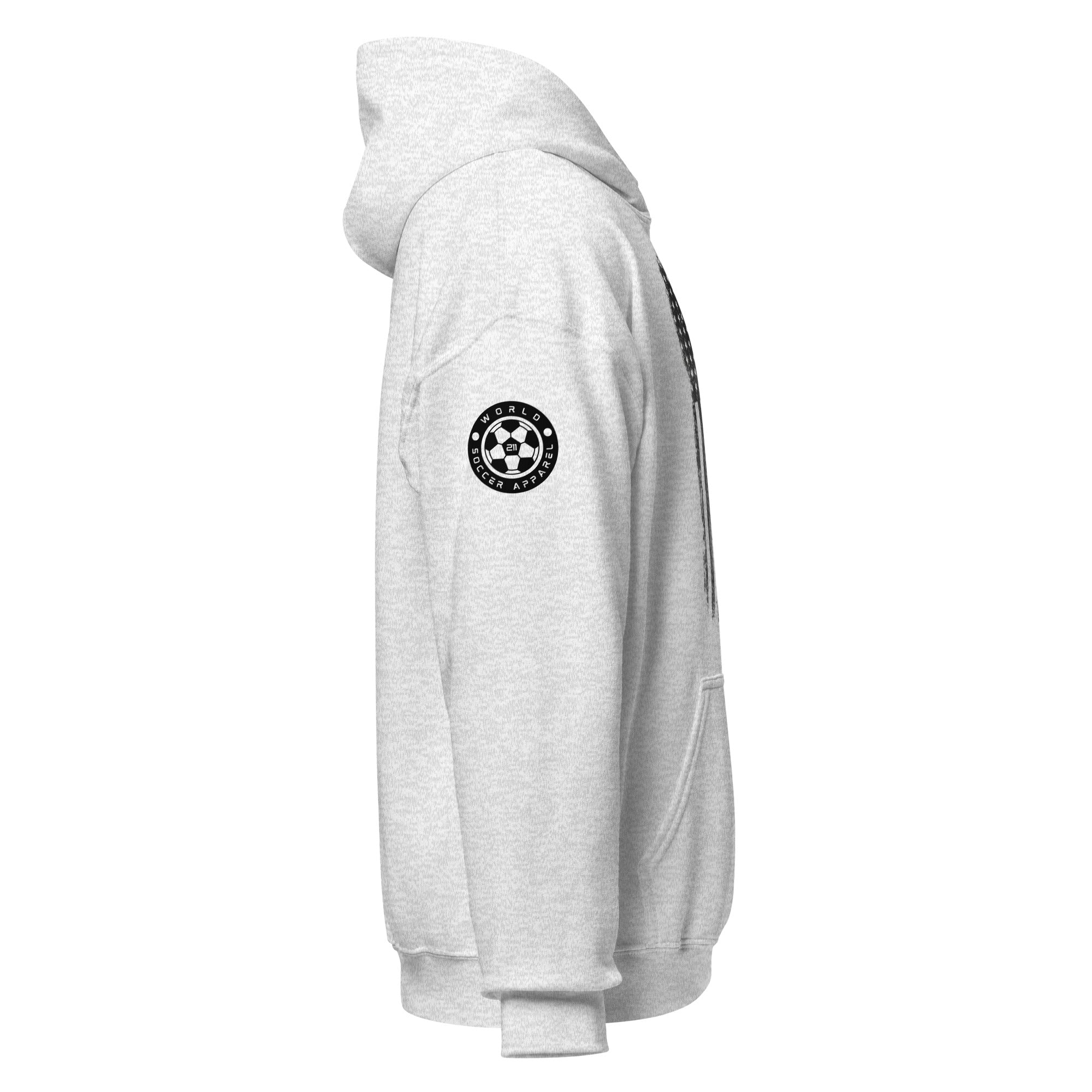 Gray hoodie with a logo on the sleeve against a white background