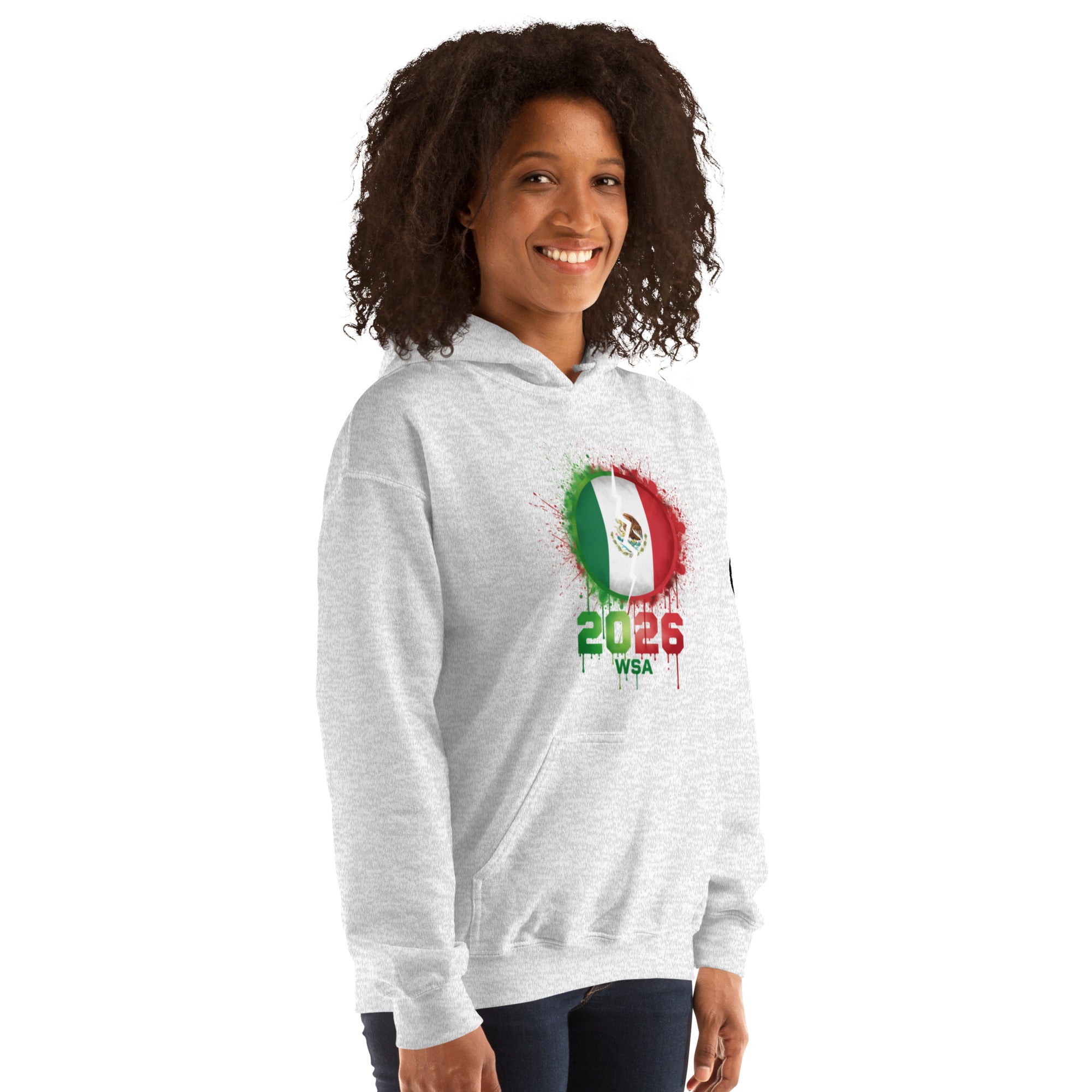 Person wearing a gray hoodie with a graphic design on a white background