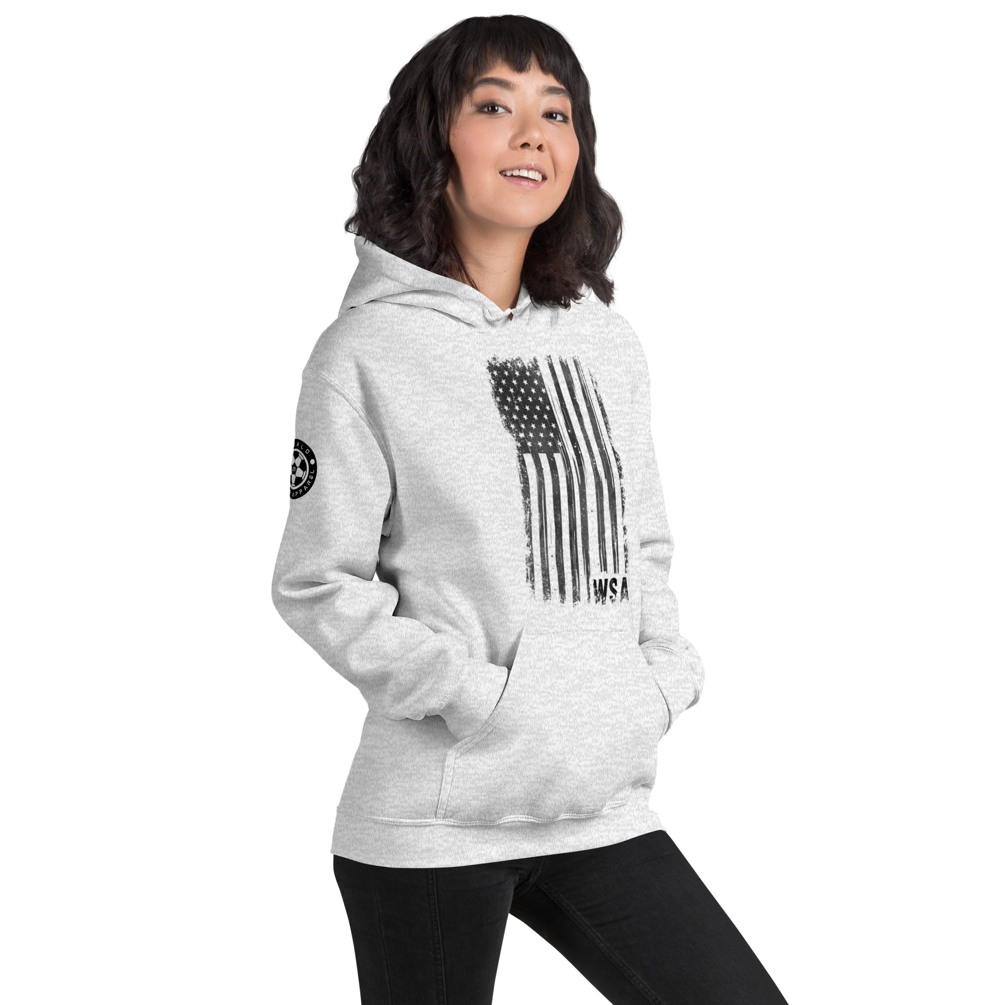 Person wearing a gray hoodie with an American flag design on a white background
