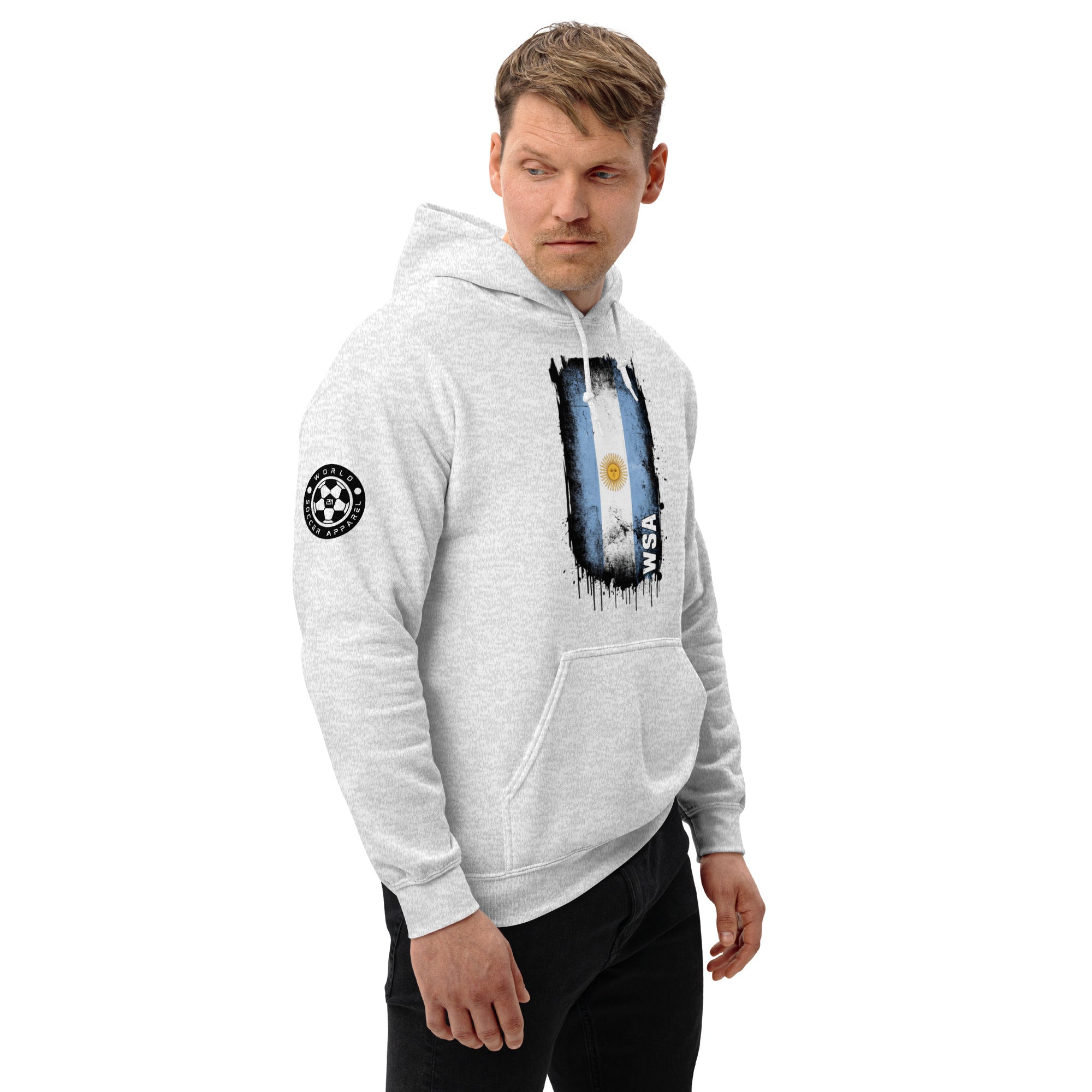 Man wearing a gray hoodie with a graphic design on a white background