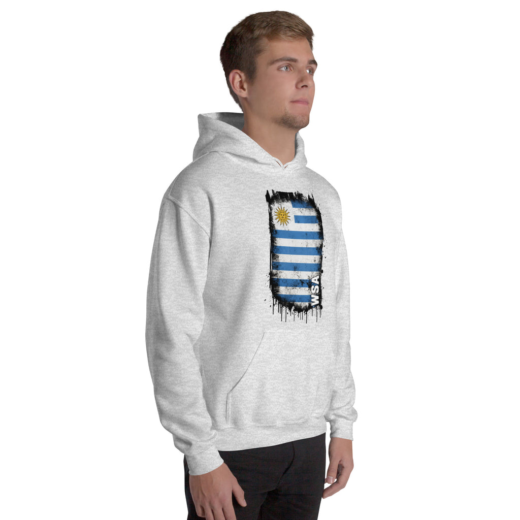 Person wearing a white hoodie with a flag design on a white background