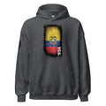 Dark gray hoodie with a colorful graphic design on a white background