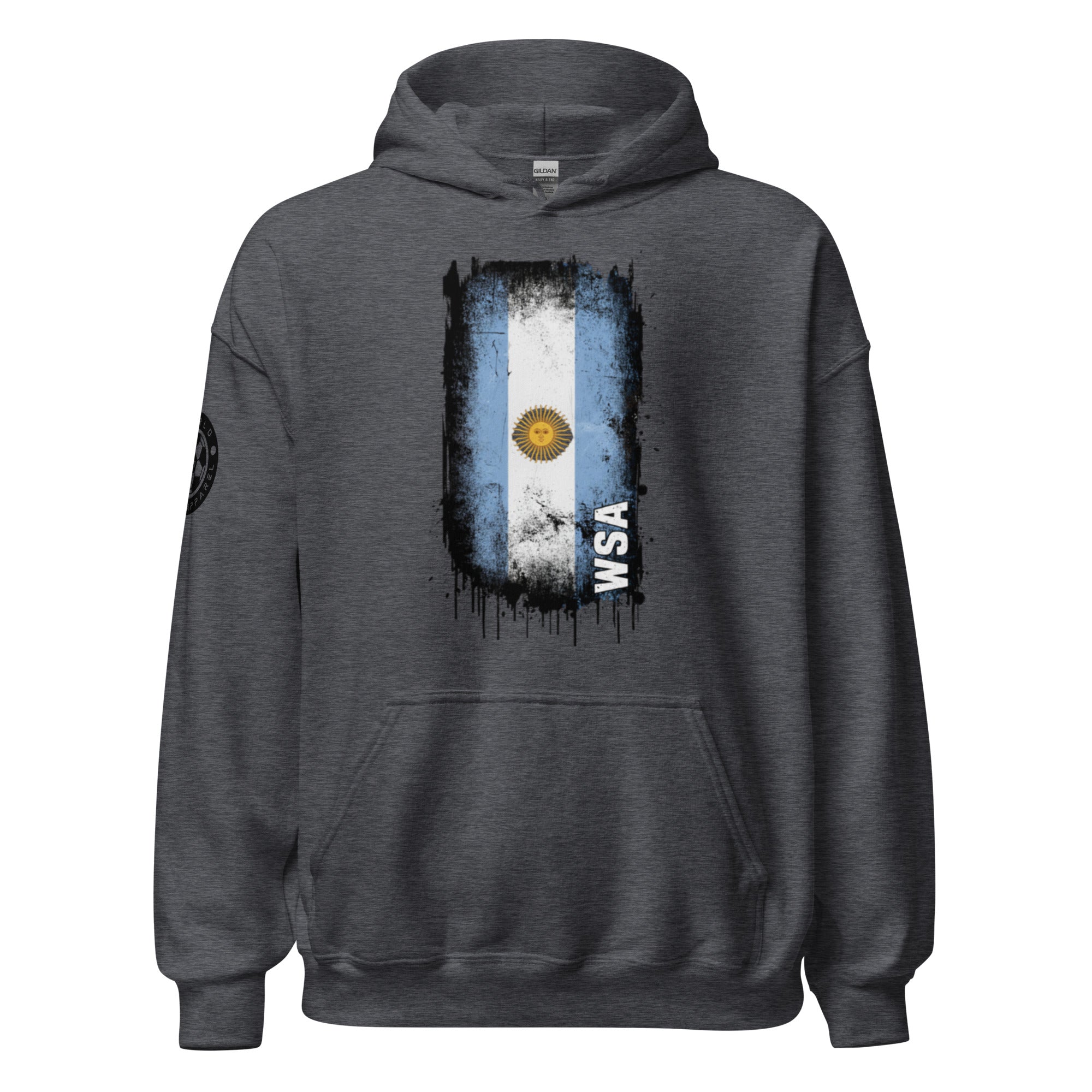 Dark gray hoodie with a graphic of the Argentine flag on a white background