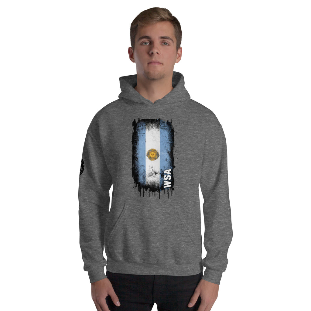 Person wearing a gray hoodie with a flag design on a white background