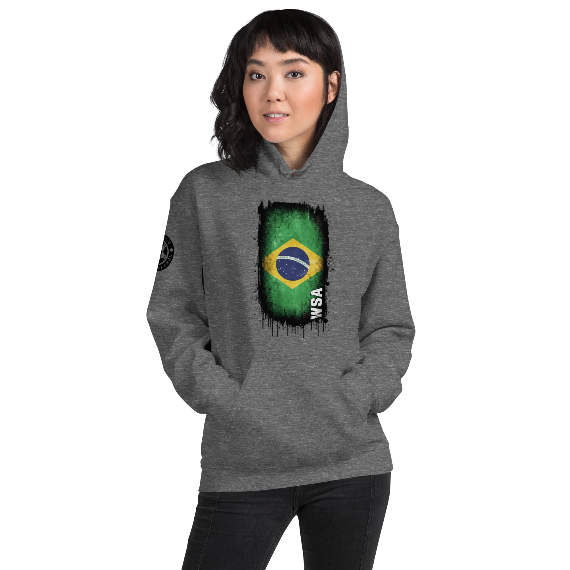 Person wearing a gray hoodie with a Brazilian flag design on a white background