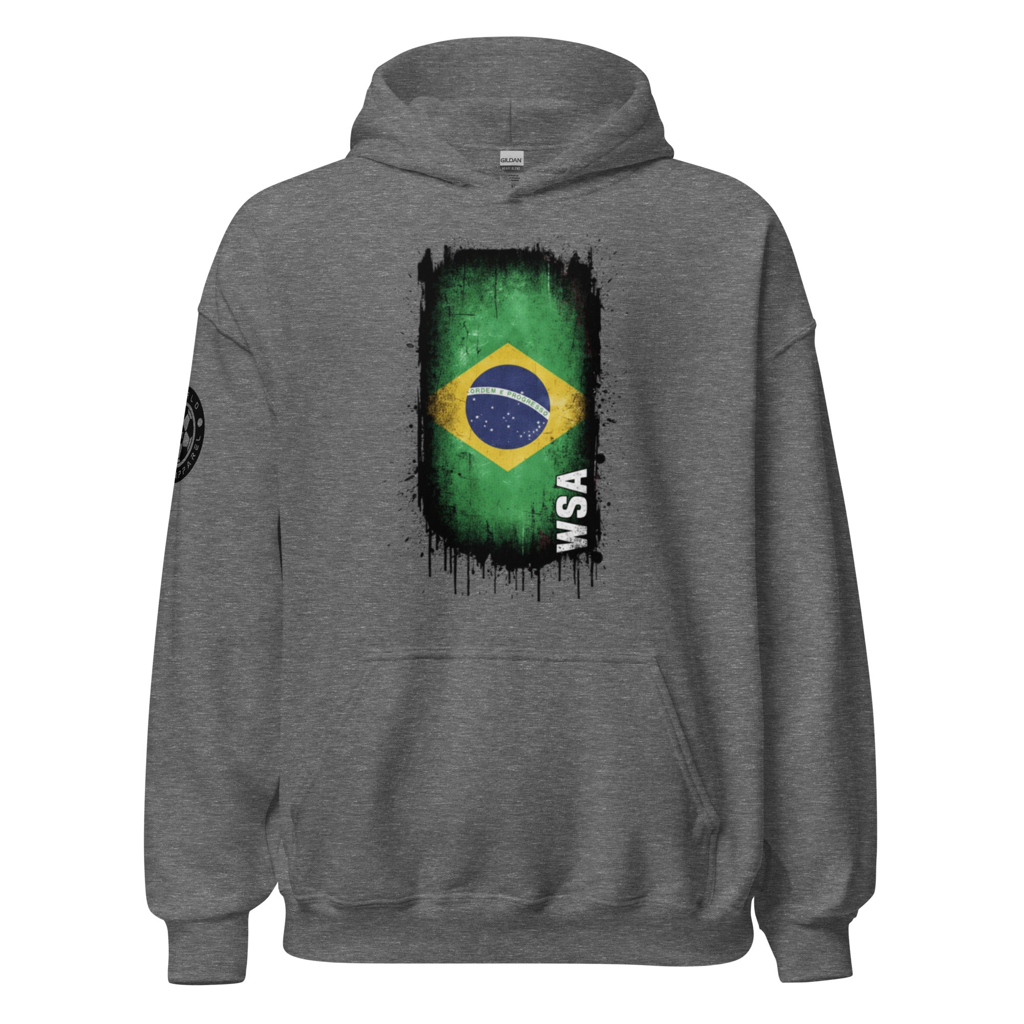 Gray hoodie with Brazilian flag design on the back against a white background