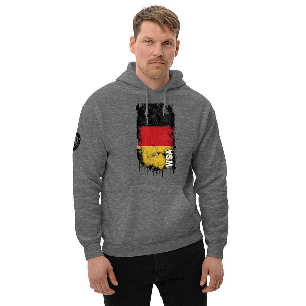 Man wearing a gray hoodie with a flag design on a white background