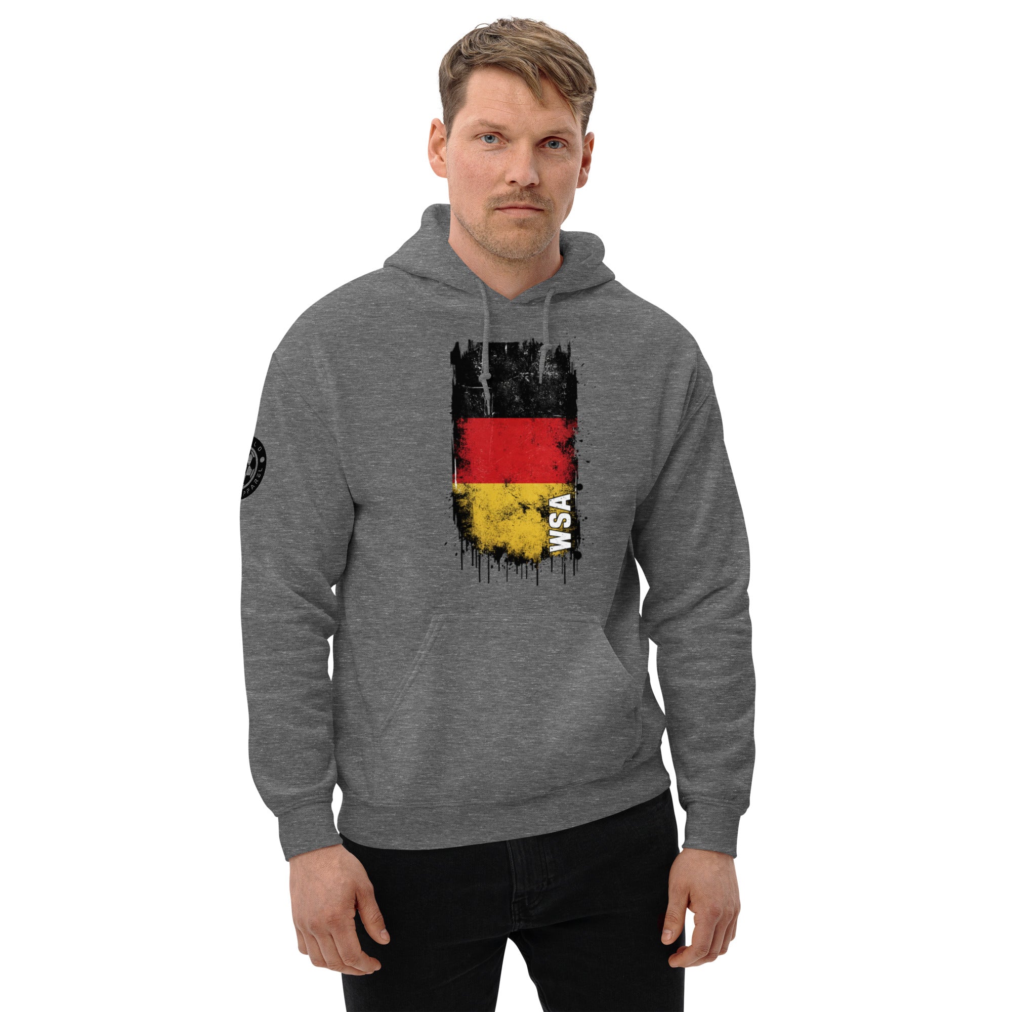 Man wearing a gray hoodie with a flag design on a white background
