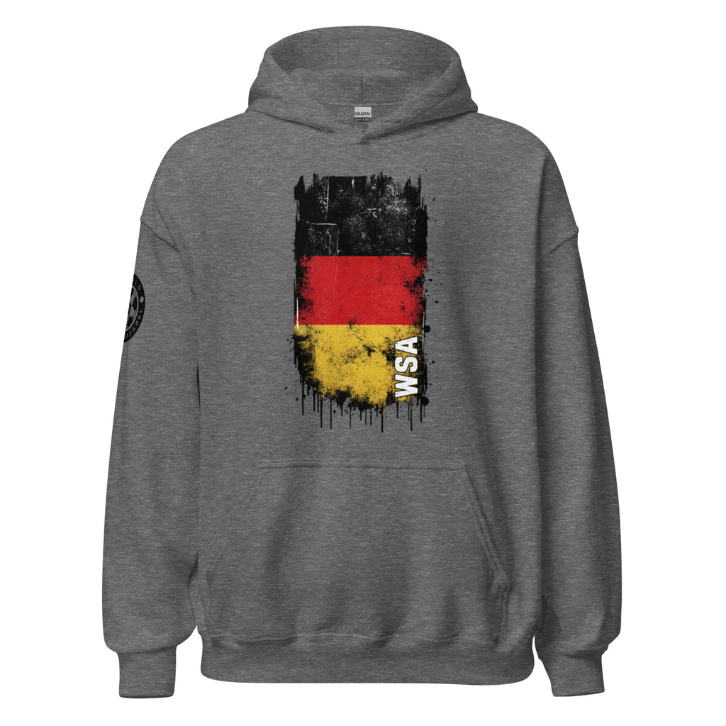 Gray hoodie with a German flag design on the back against a white background