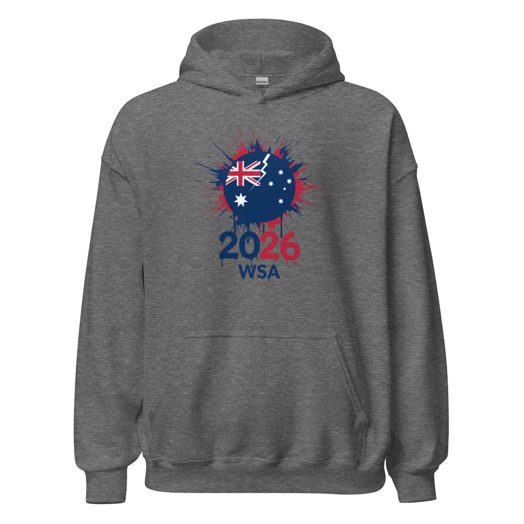 Gray hoodie with Australian flag design and '2026 WSA' text on a white background