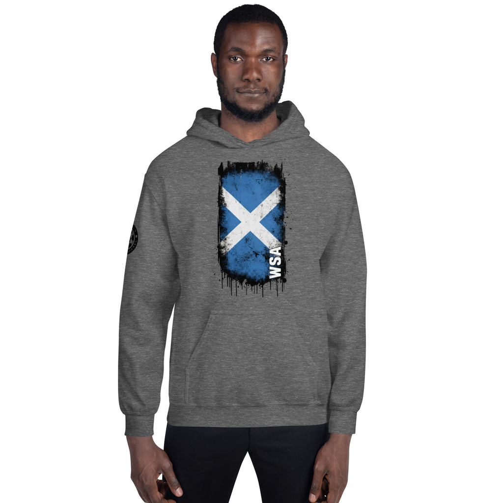 Person wearing a gray hoodie with a Scottish flag design on a white background
