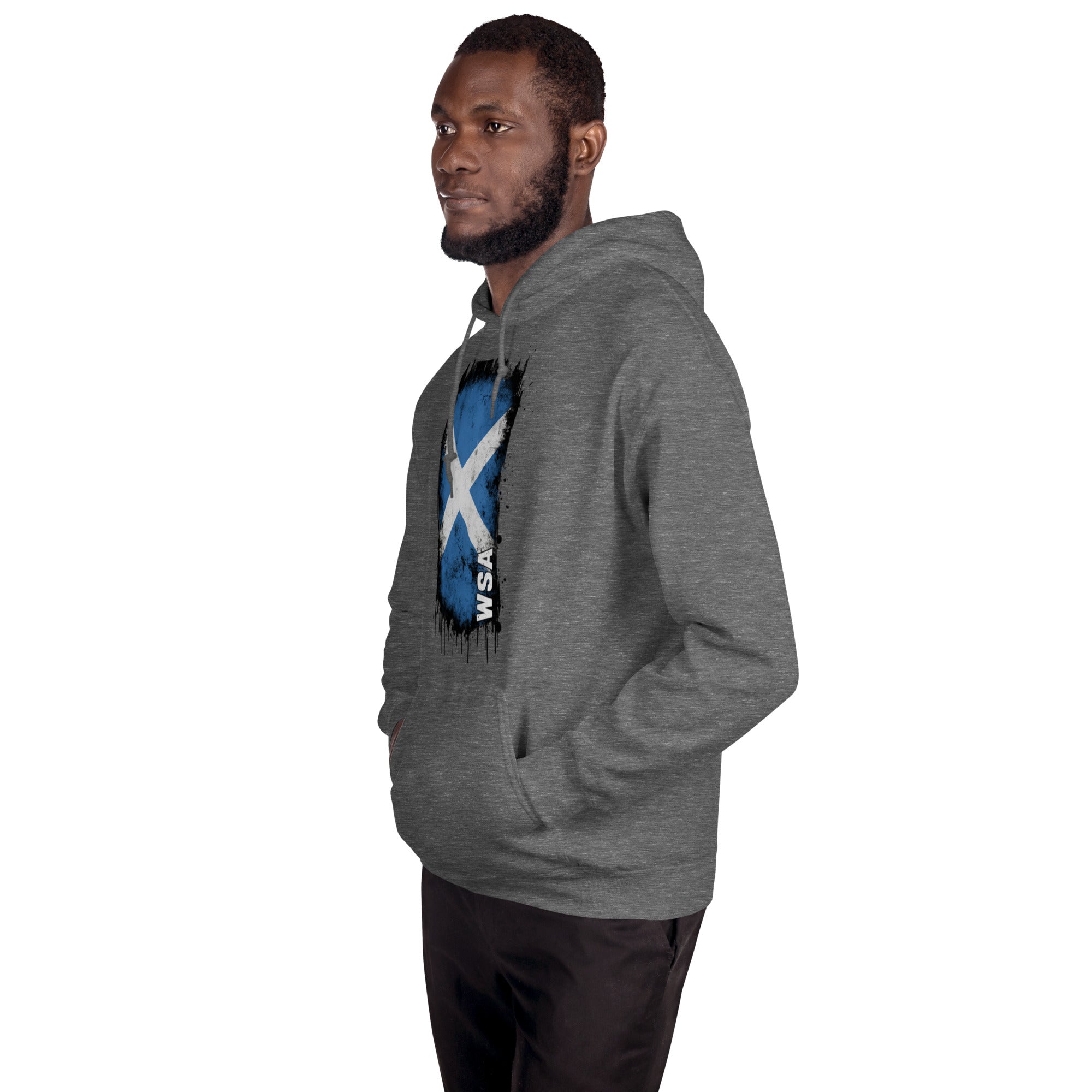 Person wearing a gray hoodie with a graphic design on a white background