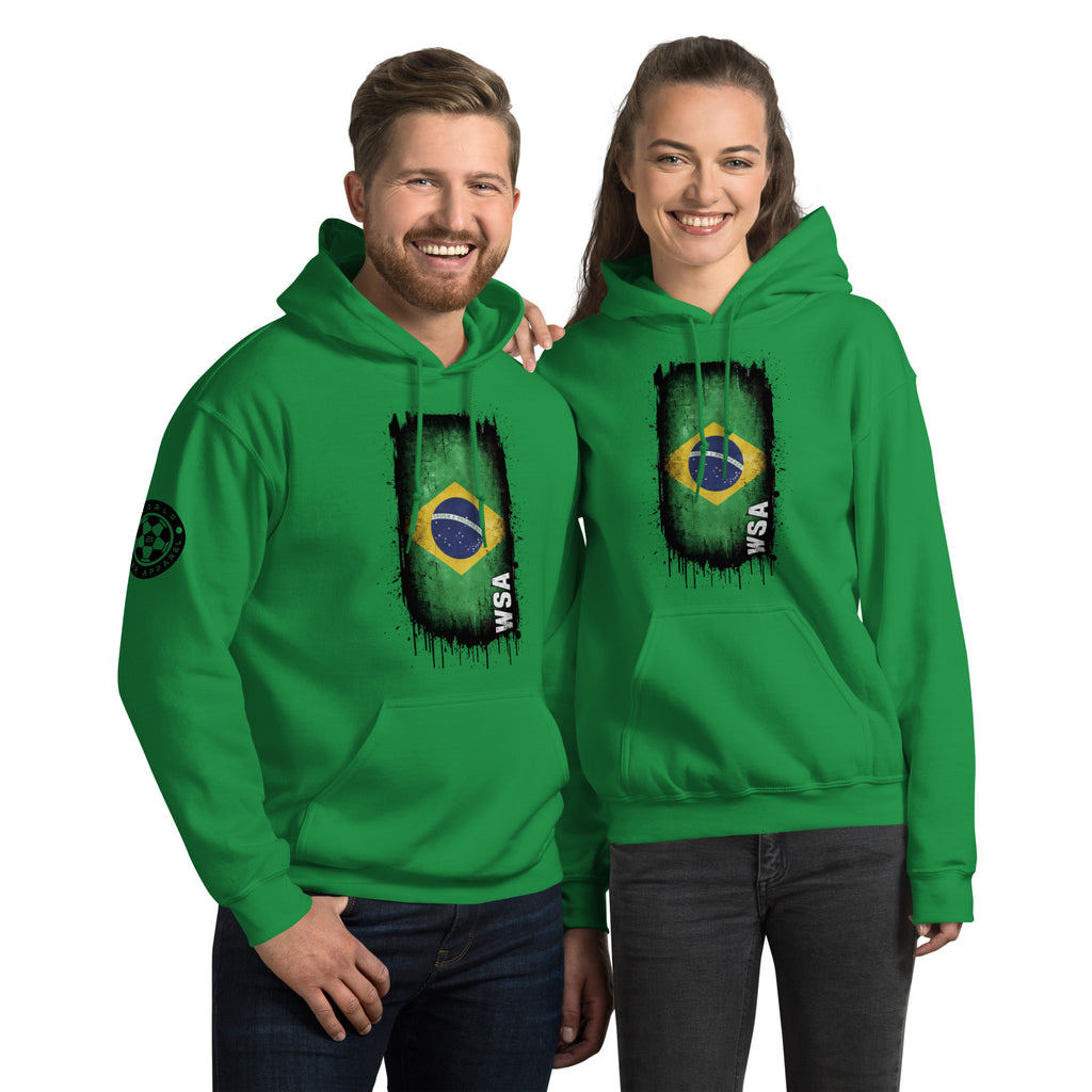 Two people wearing green hoodies with a Brazilian flag design on a white background