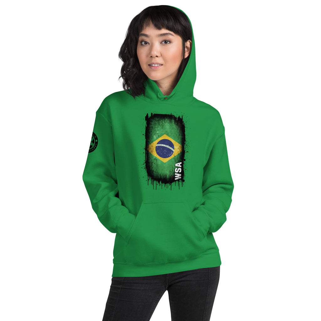 Person wearing a green hoodie with a Brazilian flag design on a white background