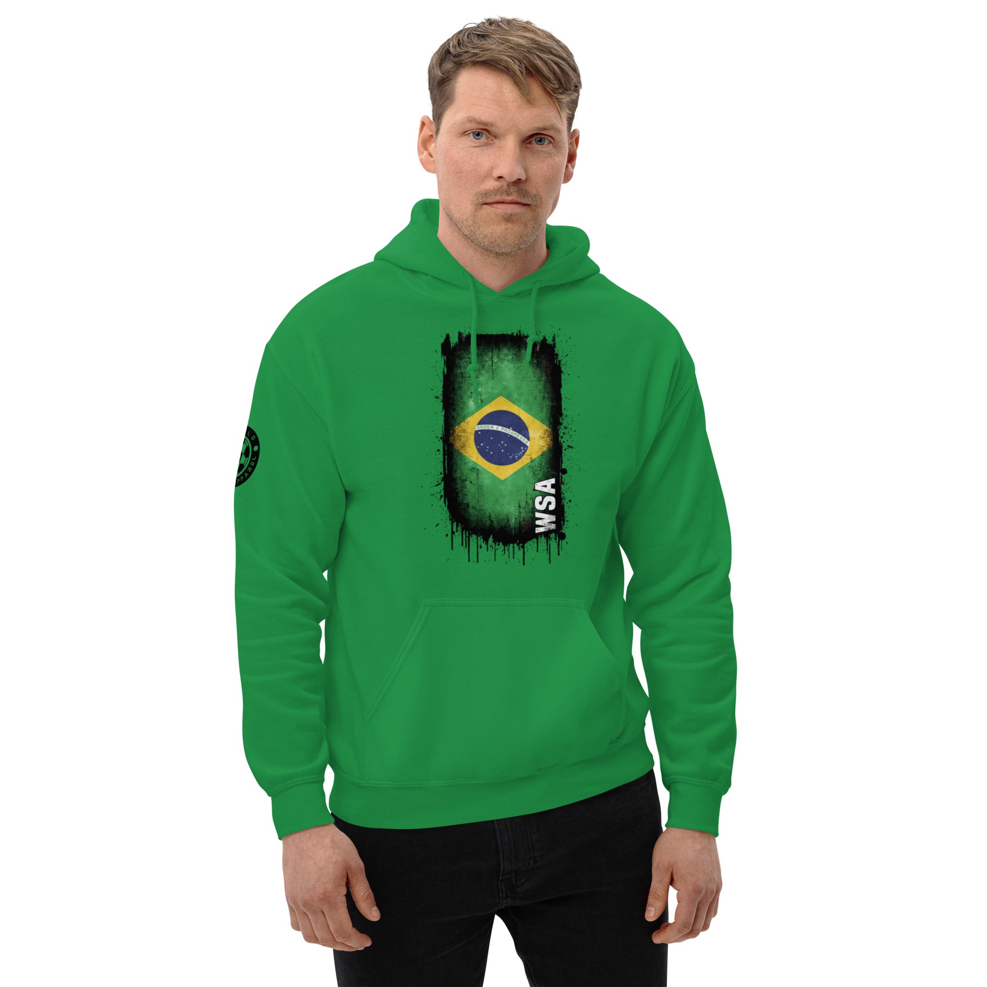 Man wearing a green hoodie with a Brazilian flag design on a white background