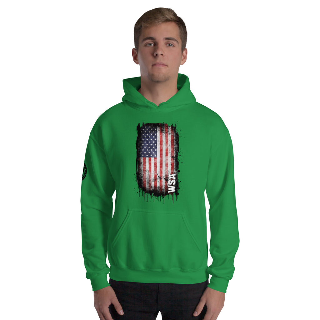 Person wearing a green hoodie with an American flag design on a white background