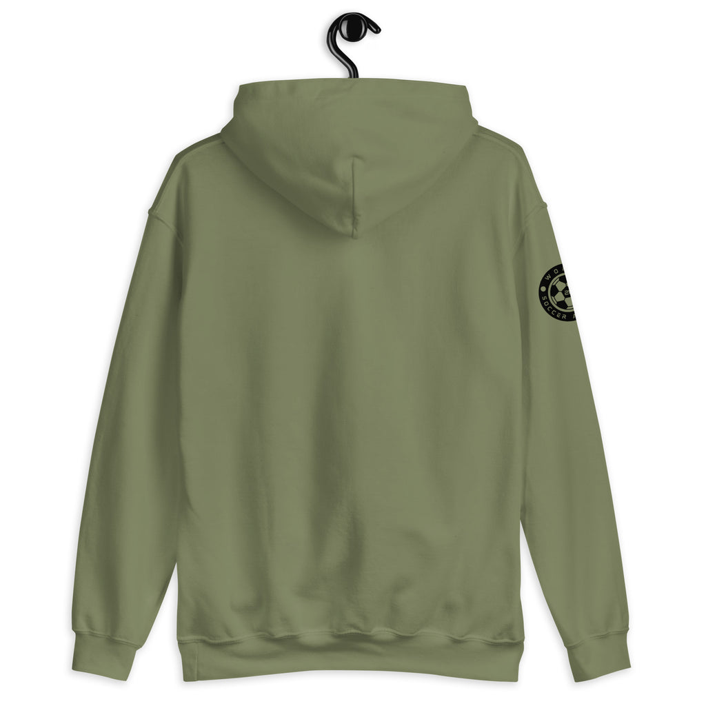 Green hoodie on a hanger with a visible brand logo on the sleeve.
