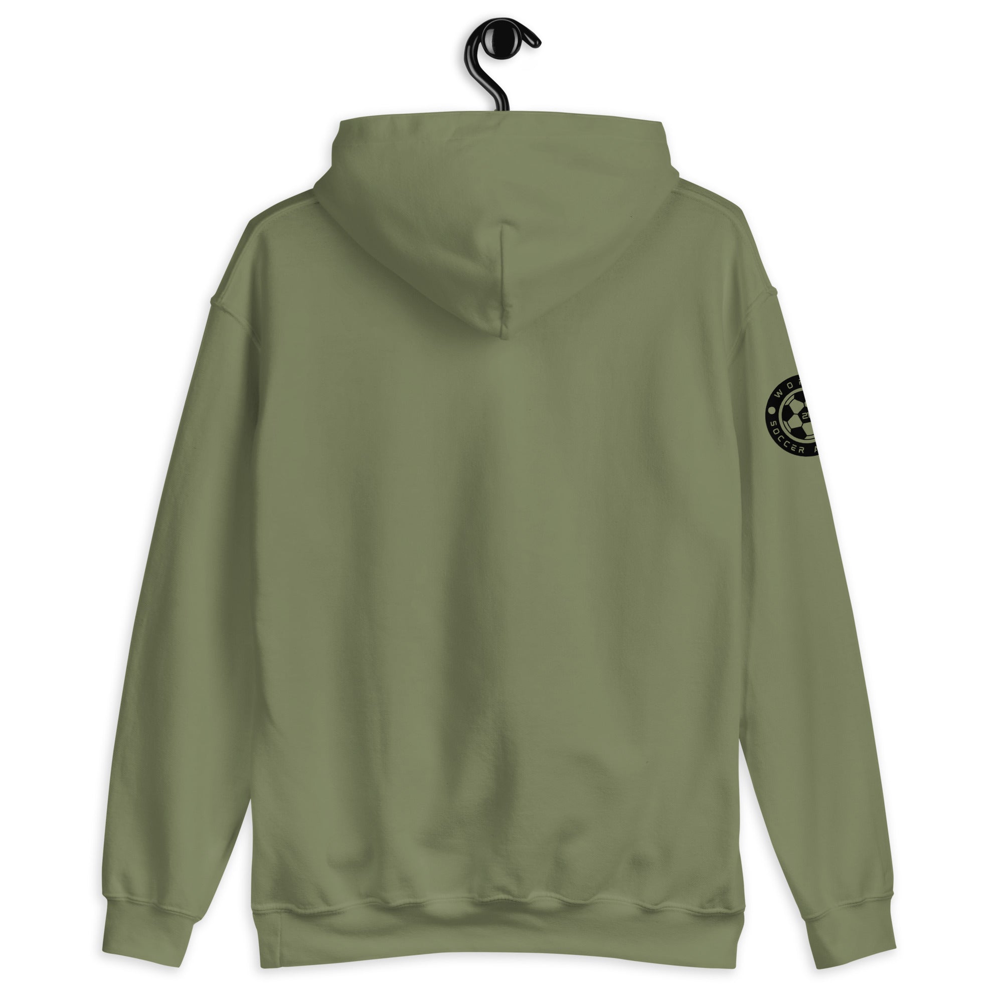 Green hoodie on a hanger with a visible brand logo on the sleeve.