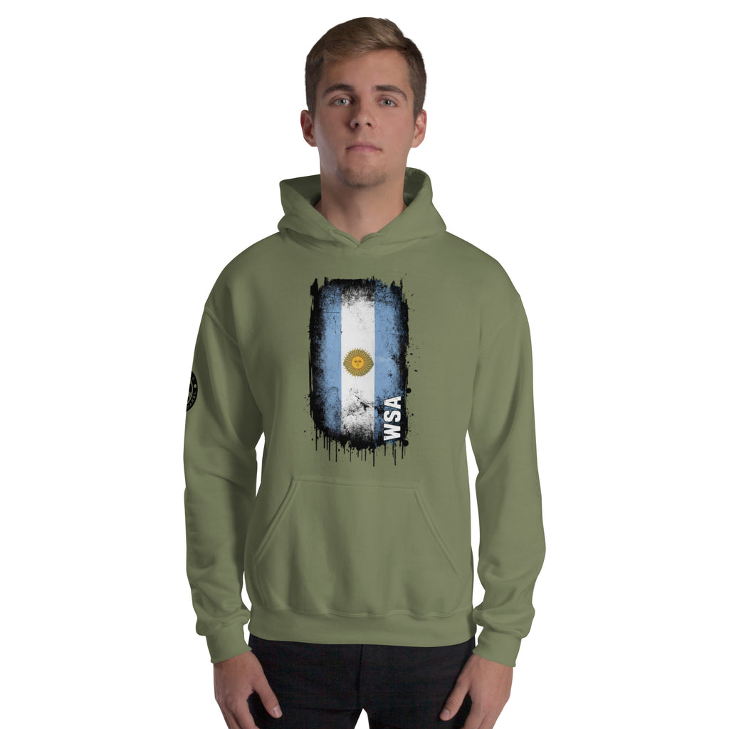 Person wearing a green hoodie with a flag design on a white background