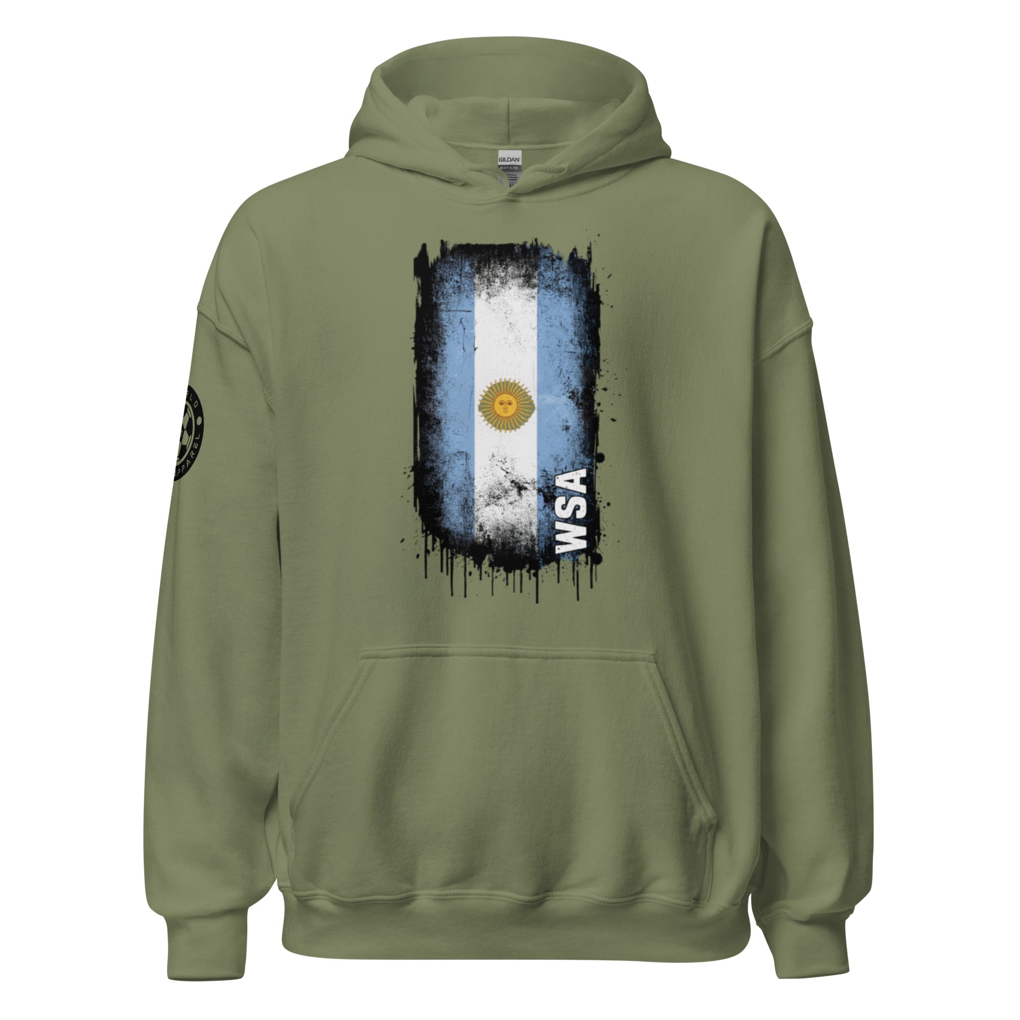 Green hoodie with a graphic of the Argentine flag on the back against a white background