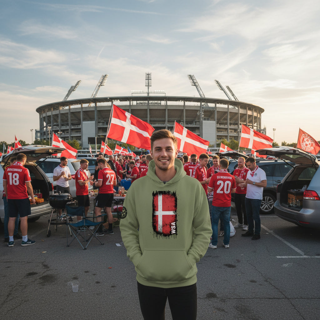Green hoodie with a red and white flag design on a white background