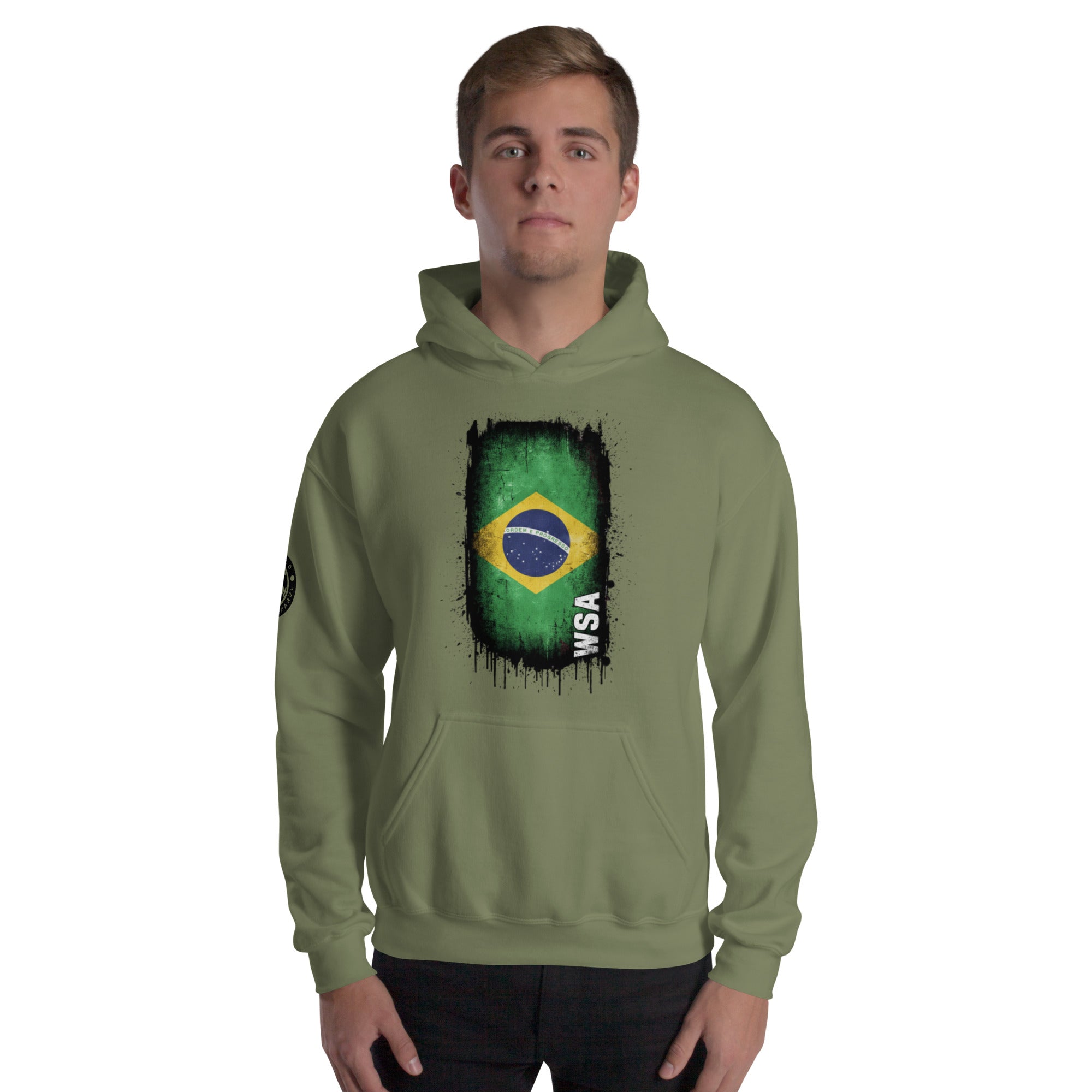 Person wearing a green hoodie with a Brazilian flag design on a white background