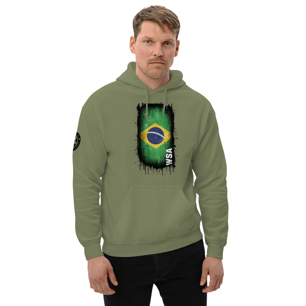 Man wearing a green hoodie with a flag design on a white background