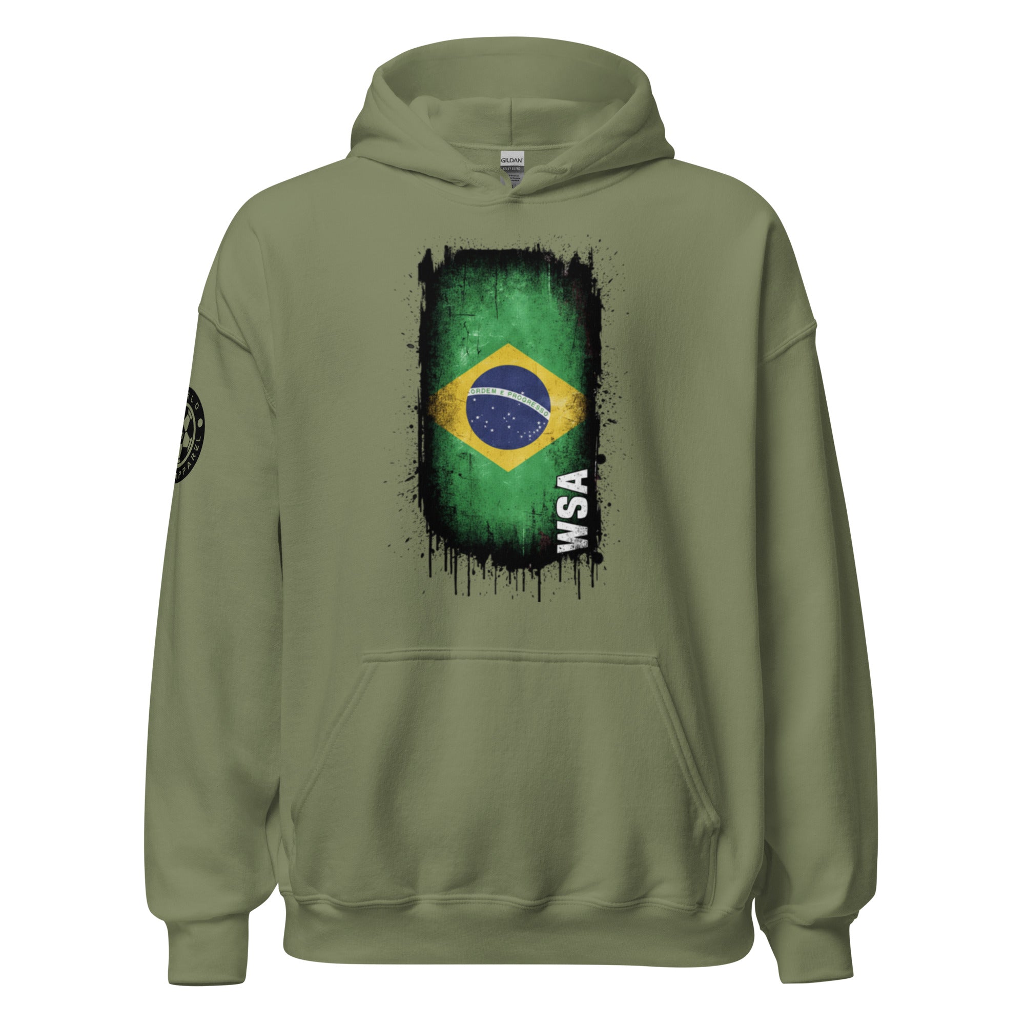 Green hoodie with Brazilian flag design on a white background
