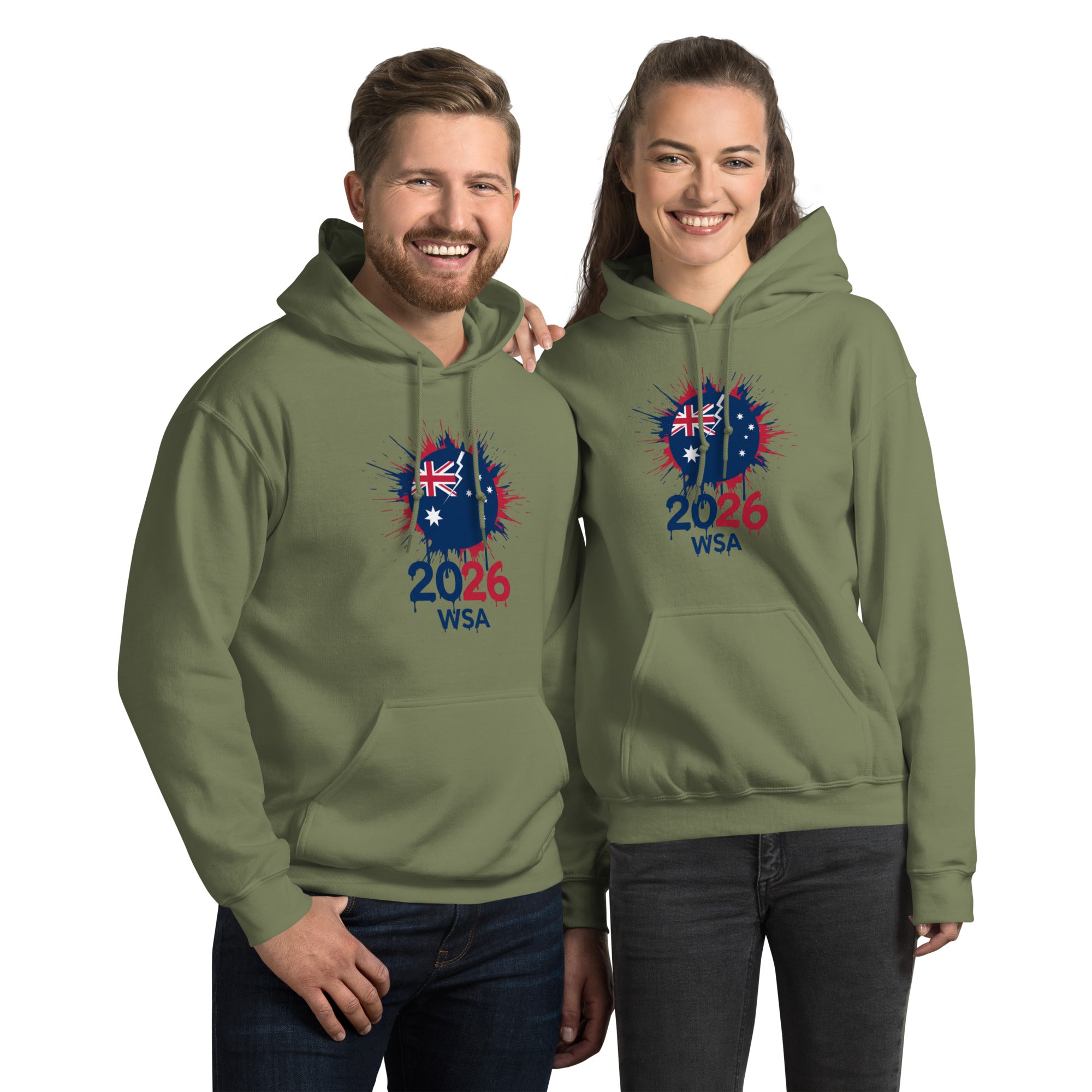 Two people wearing green hoodies with 2026 WSA designs on a white background