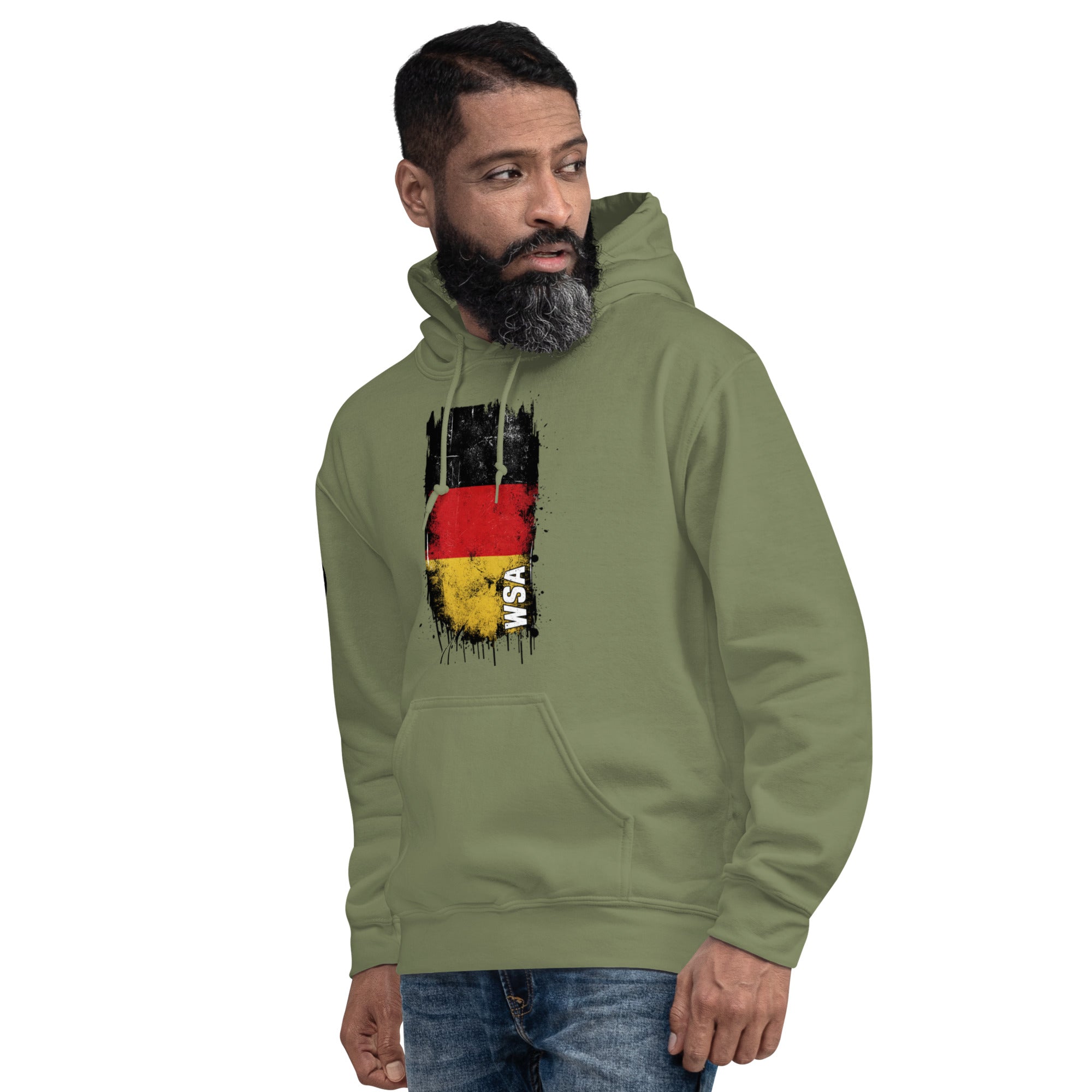 Man wearing a green hoodie with a graphic design on a white background