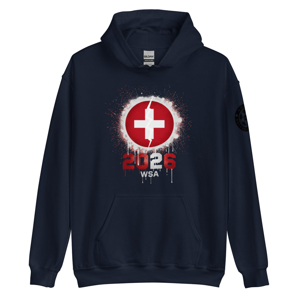 Navy blue hoodie with a red and white logo on the chest against a white background