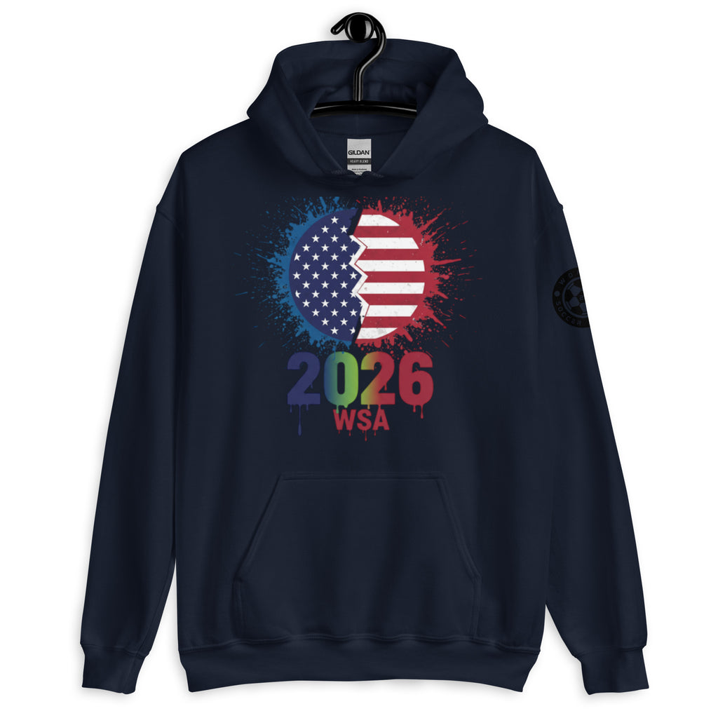 Navy blue hoodie with American flag design and '2026 WSA' text on a white background