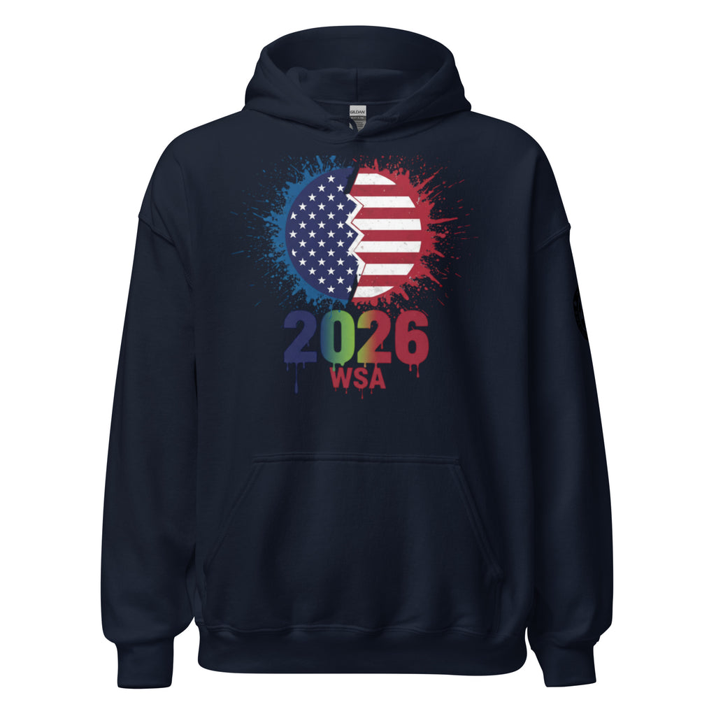 Navy hoodie with American flag design and '2026 WSA' text on a white background