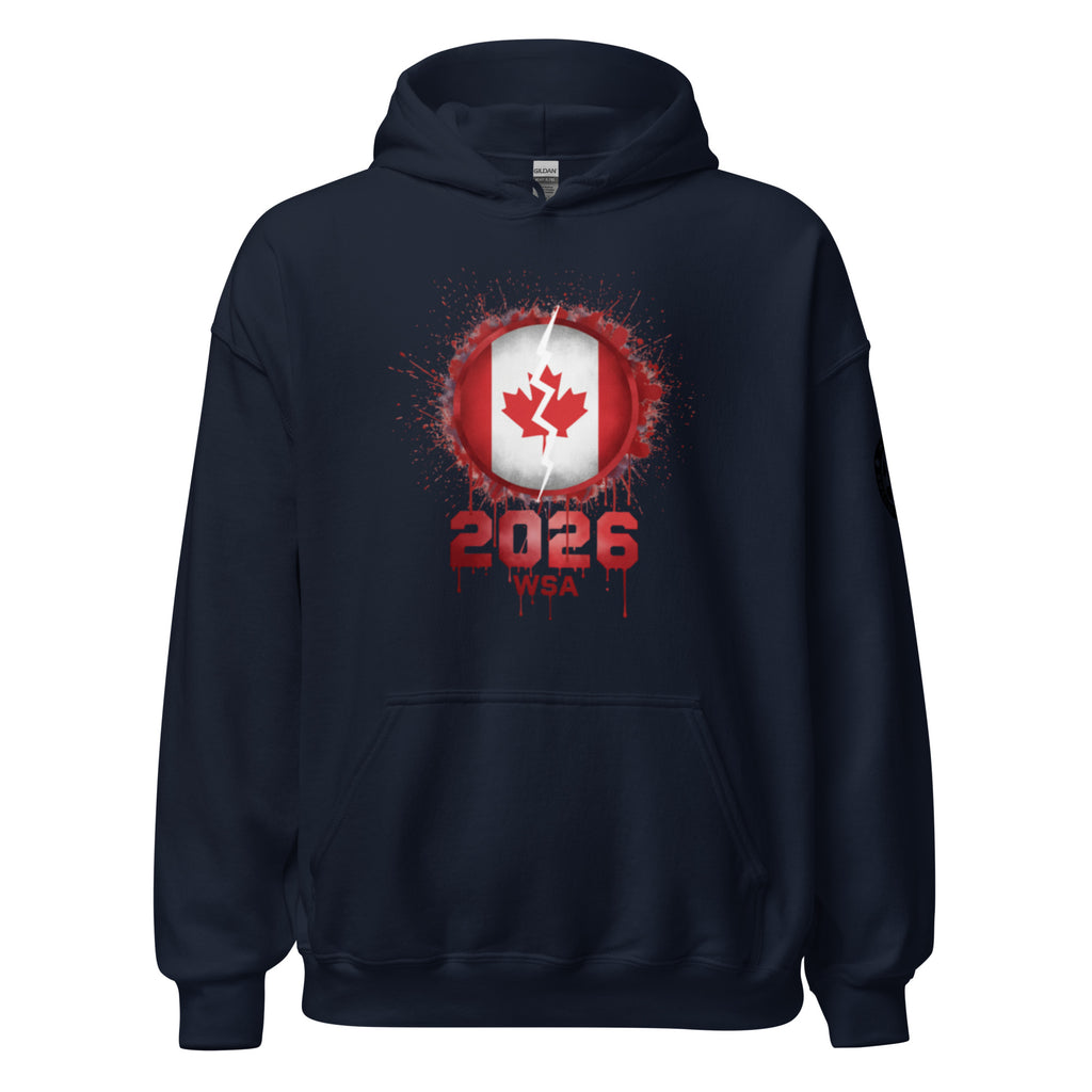 Navy blue hoodie with a red and white graphic design featuring the number 2026 and a maple leaf on a white background.