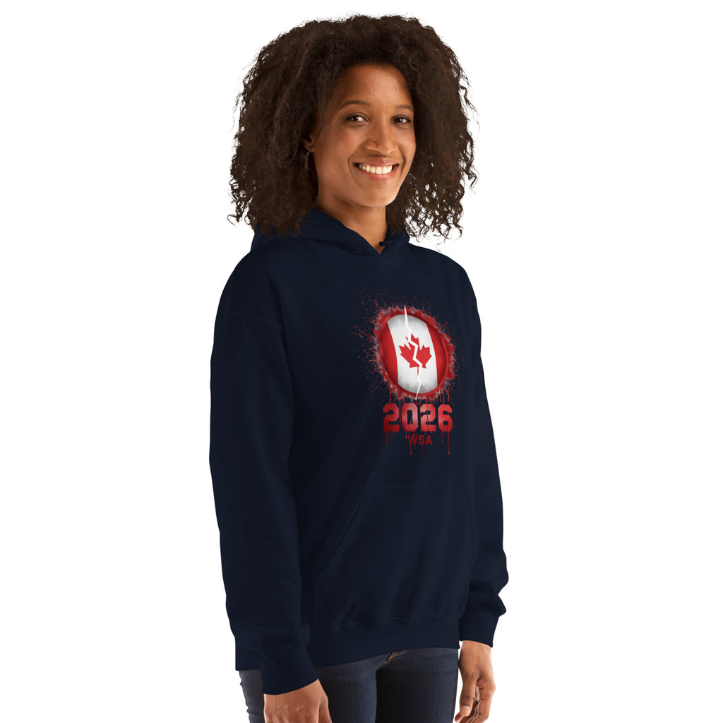 Person wearing a navy hoodie with a red and white design and '2026' text on a white background