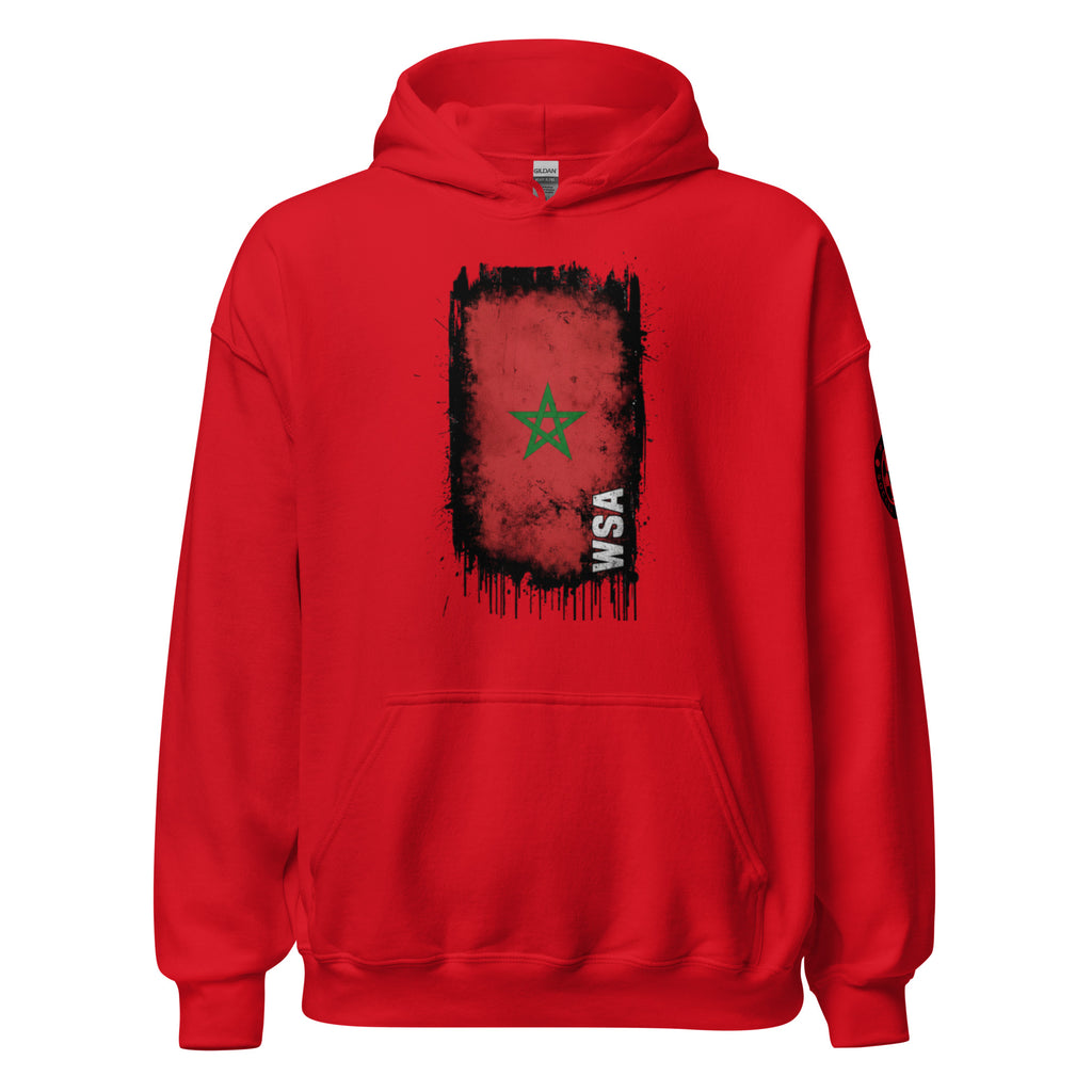 Red hoodie with a graphic design on the chest against a white background