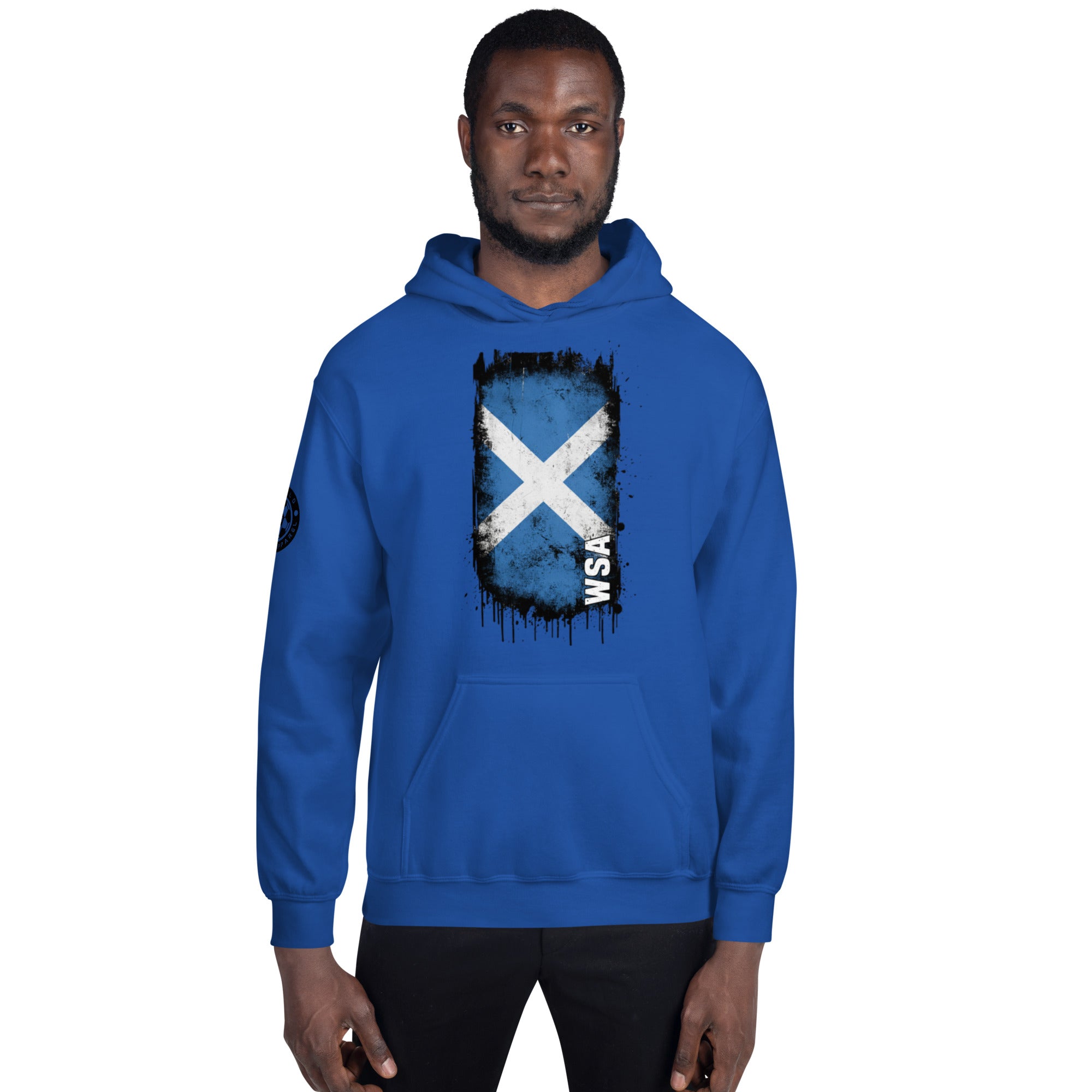 Person wearing a blue hoodie with a Scottish flag design on a white background