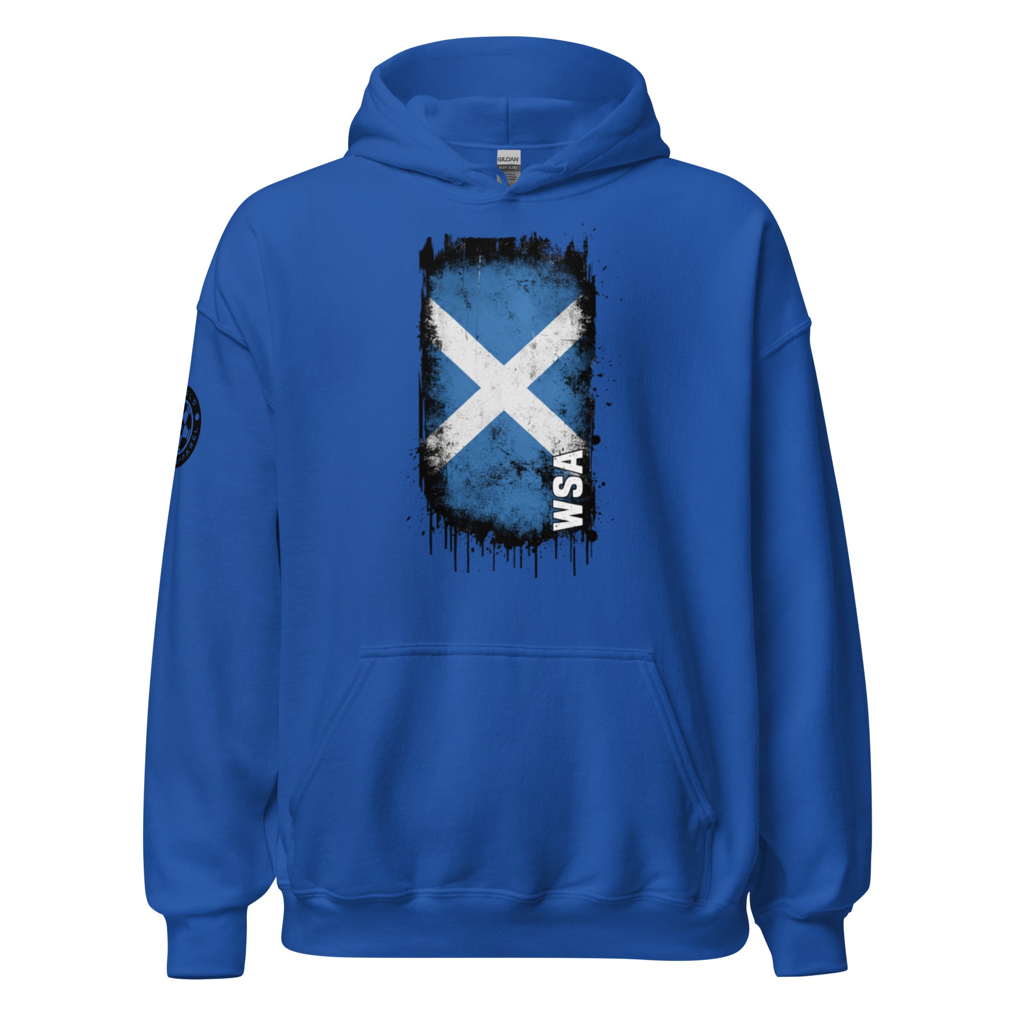 Blue hoodie with a Scottish flag design on the back against a white background