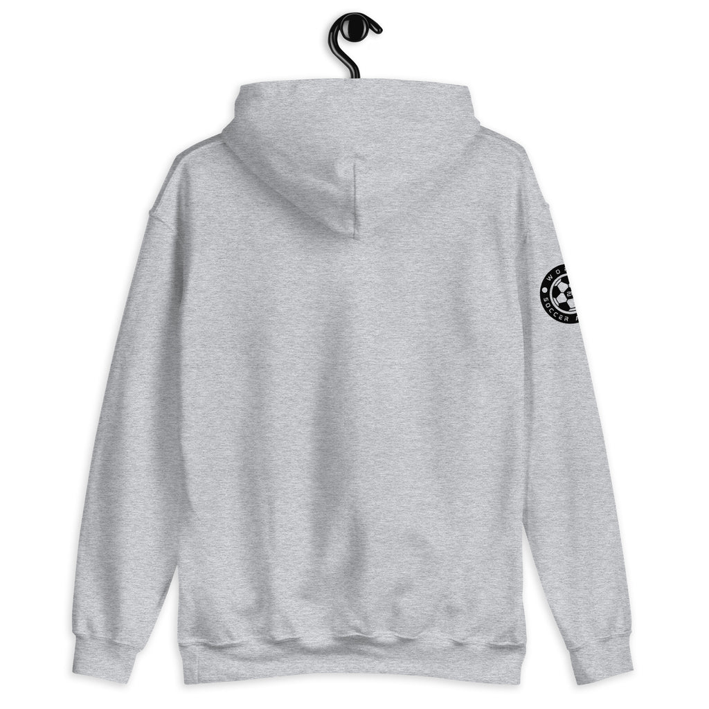 Gray hoodie with a logo on the sleeve, displayed on a hanger against a white background.
