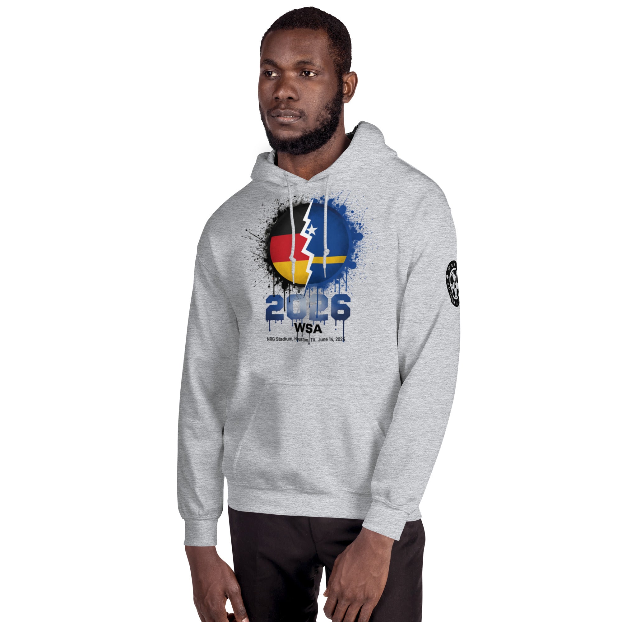 Man wearing a gray hoodie with a colorful design on a white background