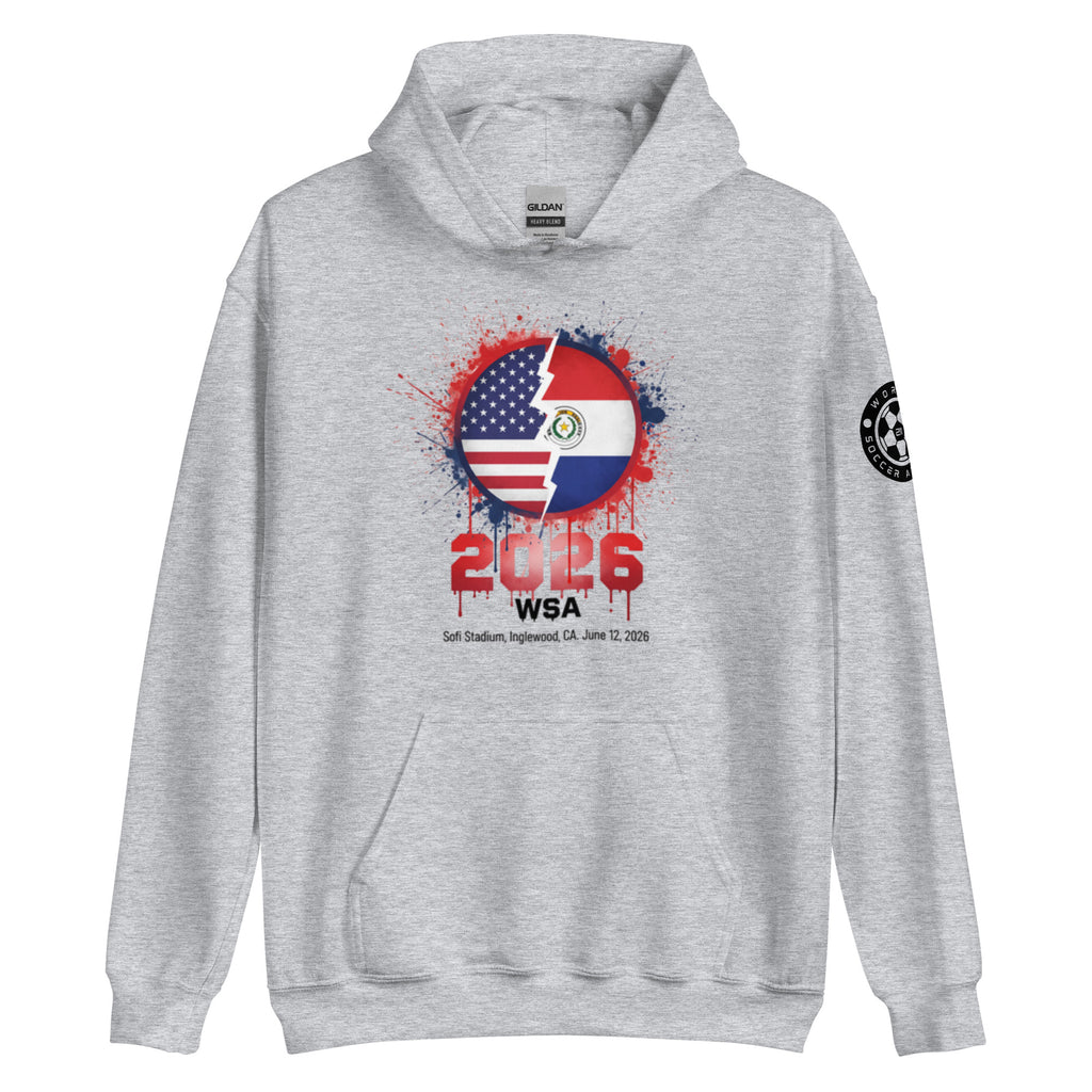 Gray hoodie with a design featuring two flags and the year 2016 on a white background